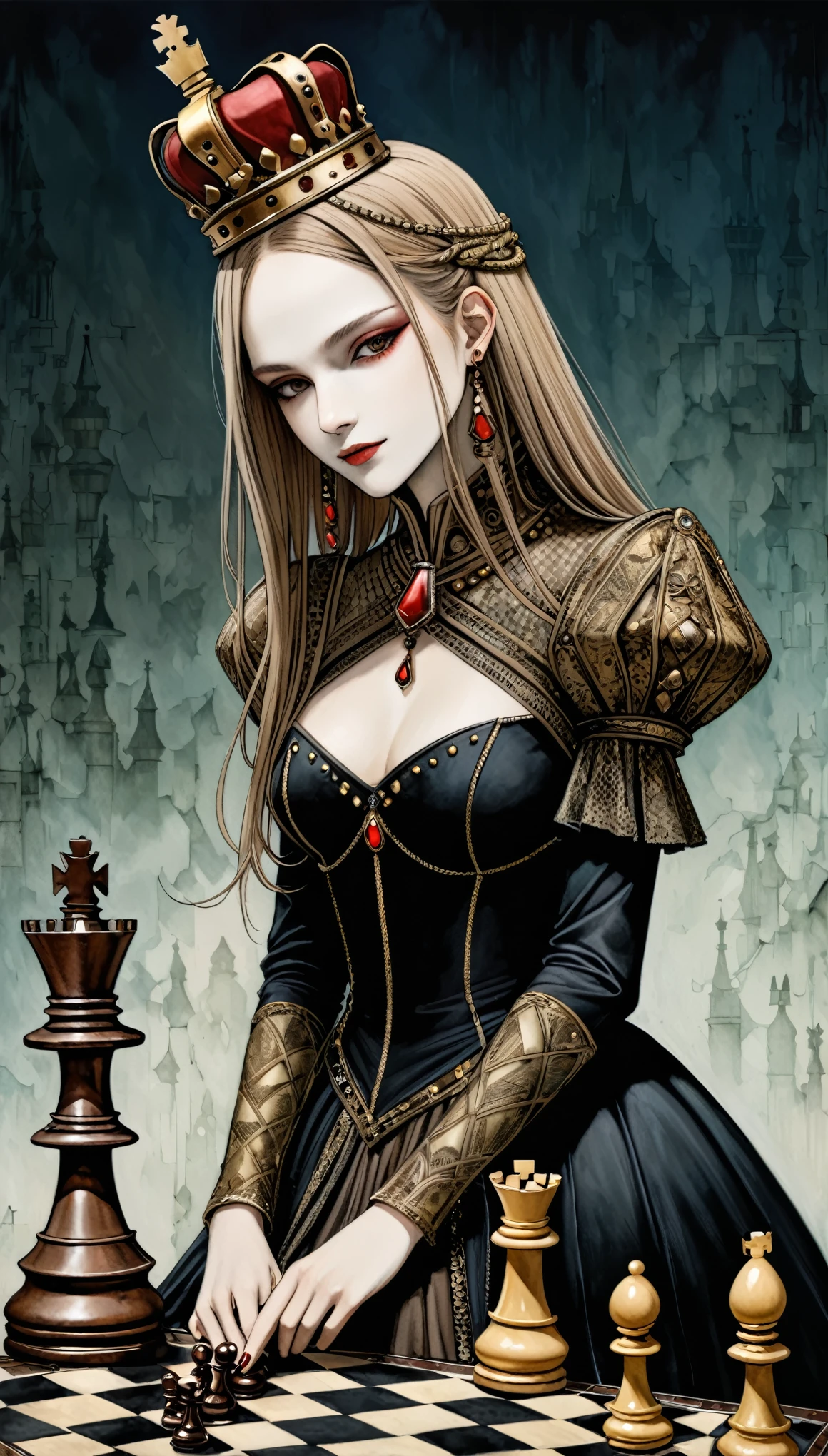 in style of Santiago Caruso,
1girl,
queen \(chess\),