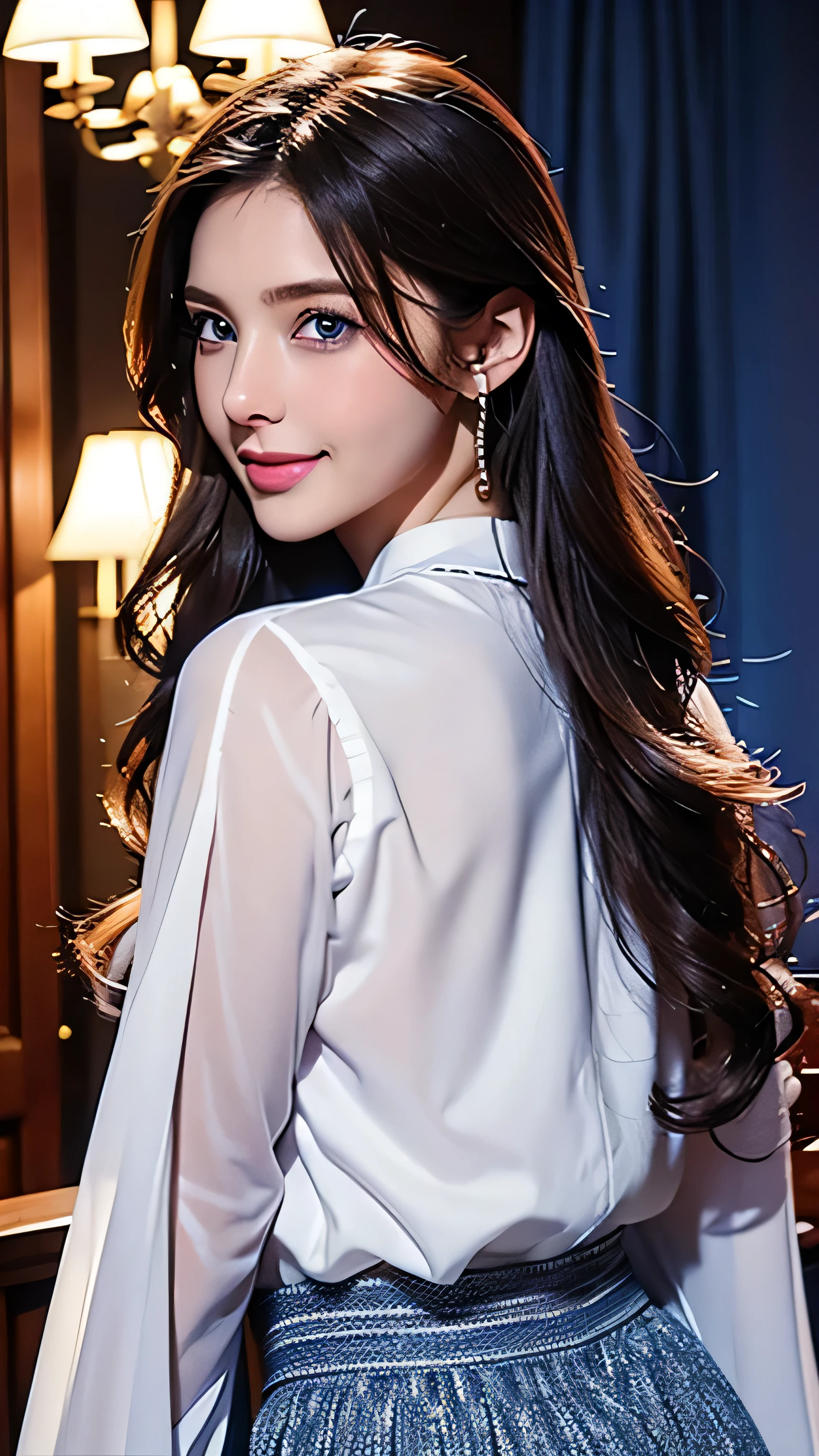 blue eyes、bionde、Full body photo、Sexy Face、Long straight hair_Hair reaching down to the waist、 Complete look、(((masterpiece)))、((Highest quality))、((超Realistic))、Mature woman、Mature woman、perspective、Very detailed、The perfect temptation、Best image quality、Fine-grained image quality、beautiful、Europe, woman, French, woman Italian, Italian, smile、blue eyes、jewelry, blue eyes, Realistic, High resolution, Glowing Skin, (Detailed face),jewelry, , night, bionde, Wavy Hair,Attractive appearance, smile,white long sleeve button up blouse_brown pleated mini skirt、