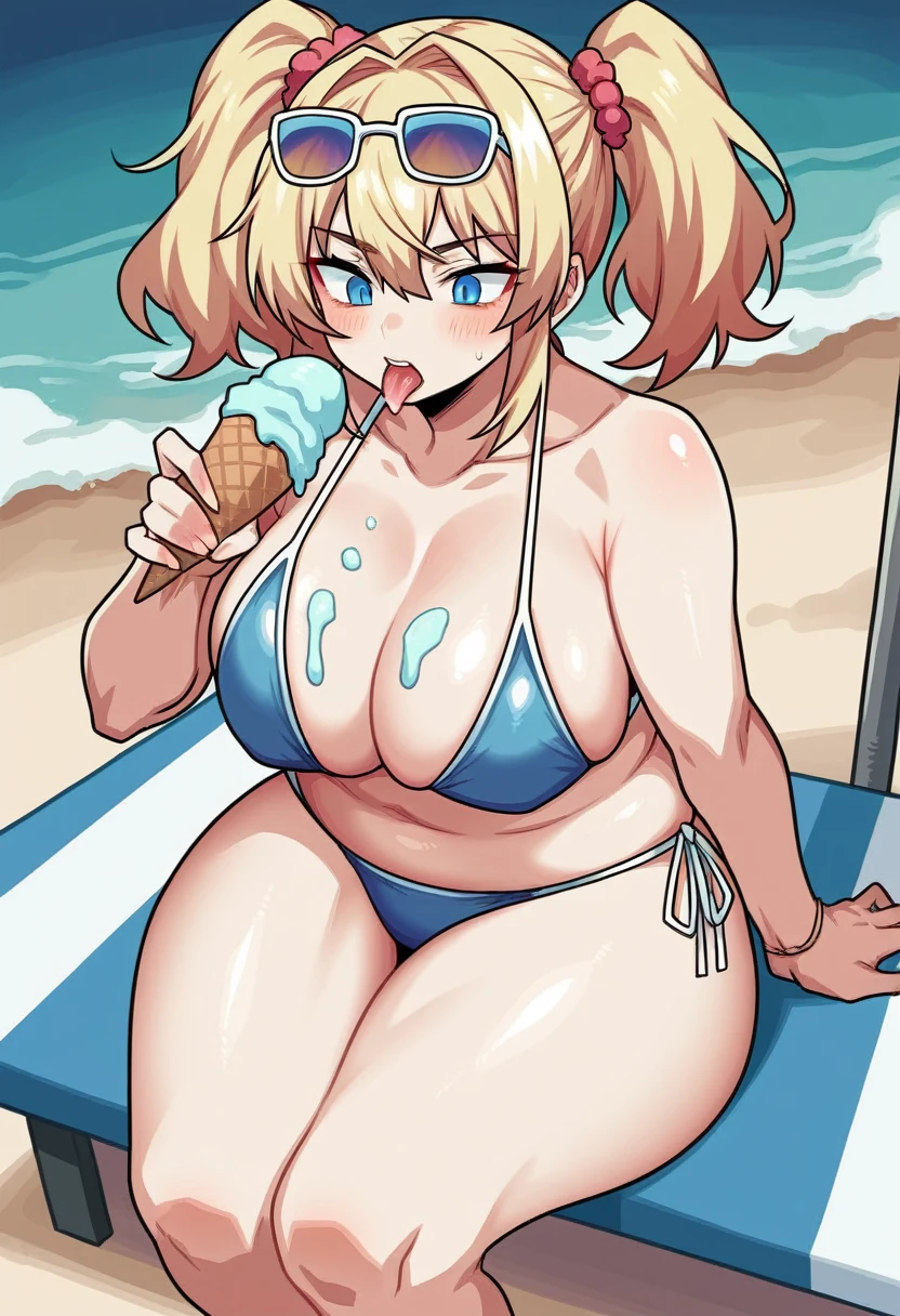 score_9, score_8_up, score_7_up, source_anime, BREAK, (((yew))), , blonde hair, blue eyes, pigtails, 1girl, plump, curvy, thick, large breasts, licking an ice cream cone, sitting, beach, sunglasses in hair, white and blue bikini, cleavage