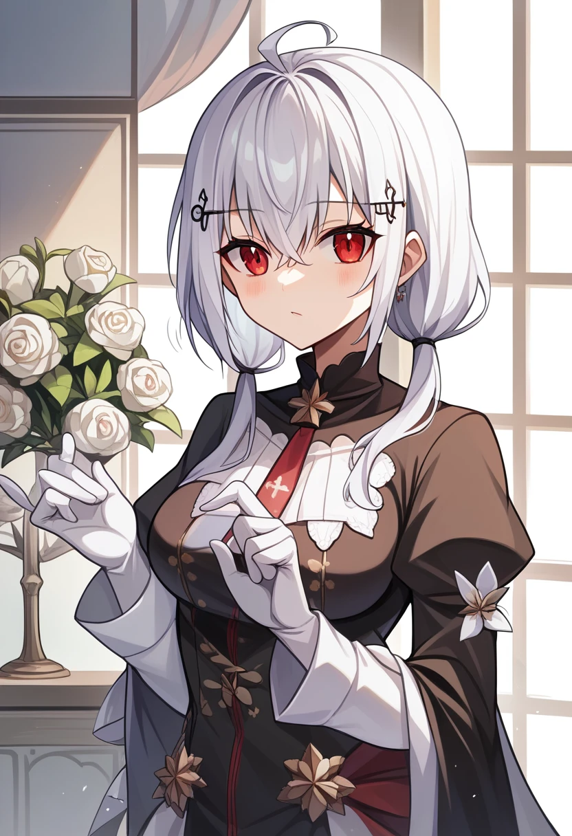 masterpiece, highest quality, (highest quality), (best illustrations), 8K,upper body,In the bedroom,perfect fingers, {{{masterpiece}}}, {{{best quality}}}, {{Super detailed}}, {{very delicate and beautiful, DOLLSUIT,black DOLLSUIT,{{{best quality}}}, {{Super detailed}}, masterpiece, highest quality, (highest quality), (best illustrations), 8K,{{{masterpiece}}}, {{{best quality}}}, {{Super detailed}}, {{{best quality}}}, {{Super detailed}}, hakase fuyuki, 1girl, Virtual Youtuber, red eyes, white hair, short hair with long locks, low twintails, sidelocks