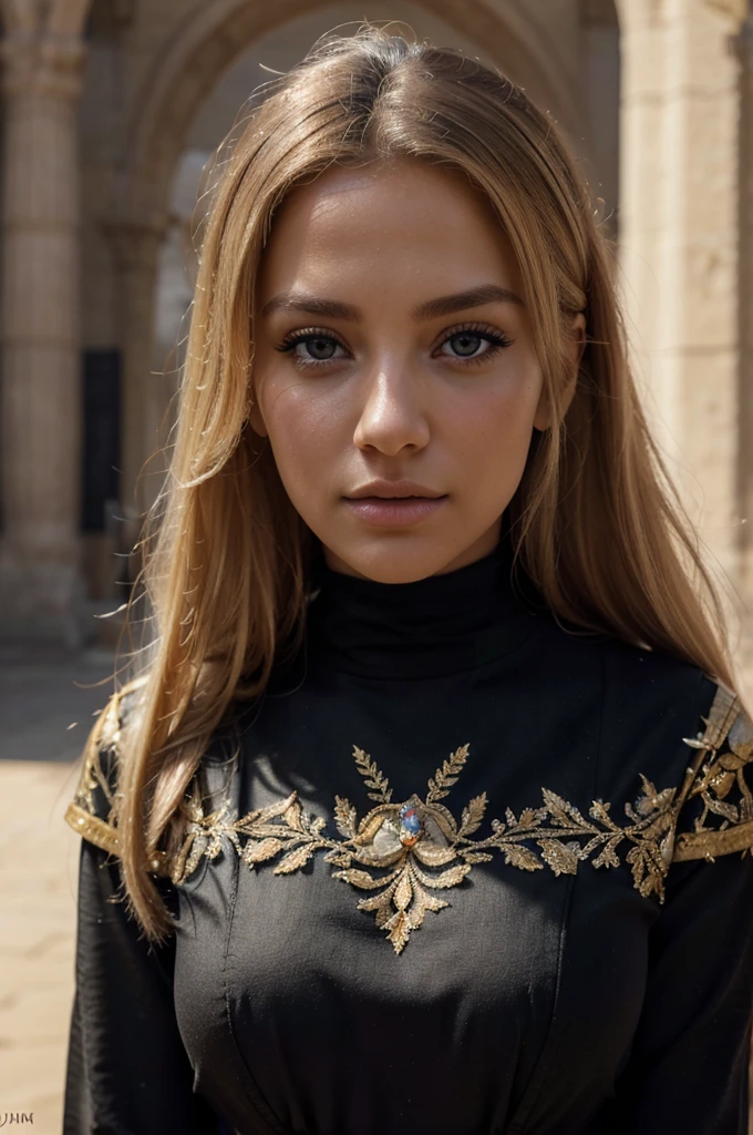 a beautiful blonde woman, beautiful golden blonde hair, detailed eyes, beautiful detailed lips, extremely detailed face, long eyelashes, in the country of Egypt, wearing a long black arab dress, (best quality,4k,8k,highres,masterpiece:1.2),ultra-detailed,(realistic,photorealistic,photo-realistic:1.37),HDR,UHD,studio lighting,ultra-fine painting,sharp focus,physically-based rendering,extreme detail description,professional,vivid colors,bokeh,portrait, with a view of pyramide behind, photo jusqu'a la taille, le cheveux porter par le vent