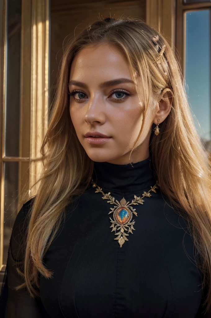 a beautiful blonde woman, beautiful golden blonde hair, detailed eyes, beautiful detailed lips, extremely detailed face, long eyelashes, in the country of Egypt, wearing a long black arab dress, (best quality,4k,8k,highres,masterpiece:1.2),ultra-detailed,(realistic,photorealistic,photo-realistic:1.37),HDR,UHD,studio lighting,ultra-fine painting,sharp focus,physically-based rendering,extreme detail description,professional,vivid colors,bokeh,portrait, with a view of pyramide behind, photo jusqu'a la taille, le cheveux porter par le vent
