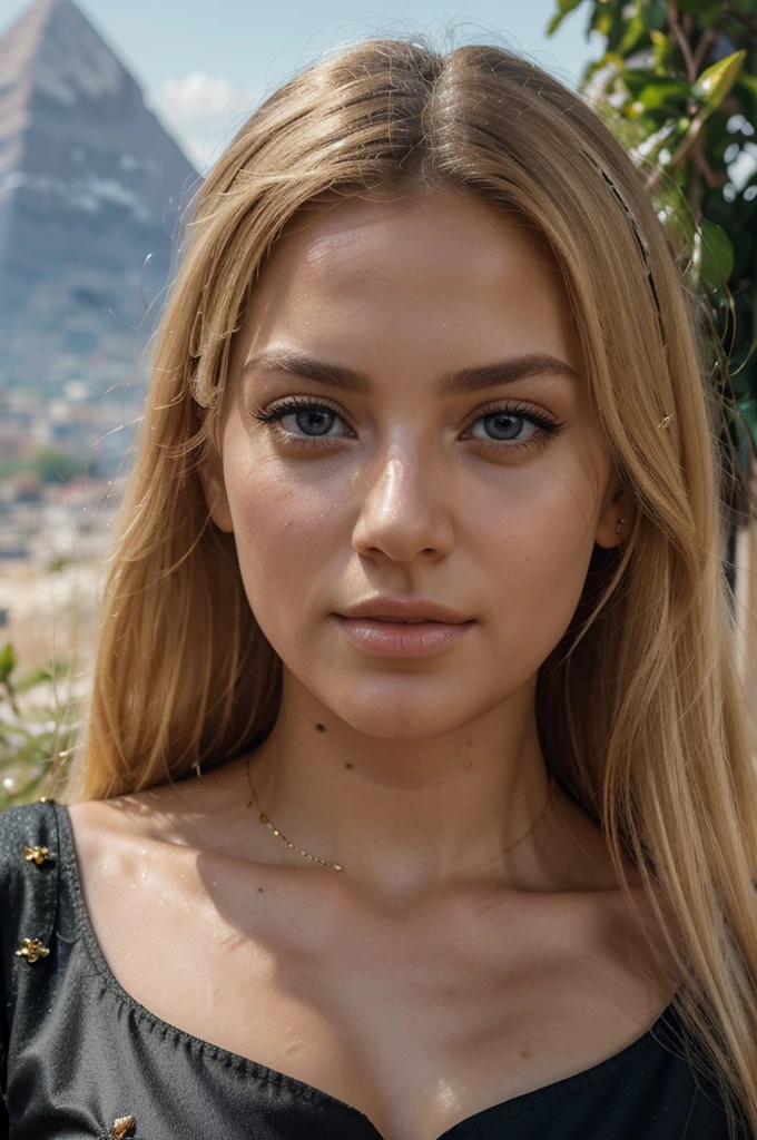 a beautiful blonde woman, beautiful golden blonde hair, detailed eyes, beautiful detailed lips, extremely detailed face, long eyelashes, in the country of Egypt, wearing a long black arab dress, (best quality,4k,8k,highres,masterpiece:1.2),ultra-detailed,(realistic,photorealistic,photo-realistic:1.37),HDR,UHD,studio lighting,ultra-fine painting,sharp focus,physically-based rendering,extreme detail description,professional,vivid colors,bokeh,portrait, with a view of pyramide behind, photo jusqu'a la taille, le cheveux porter par le vent