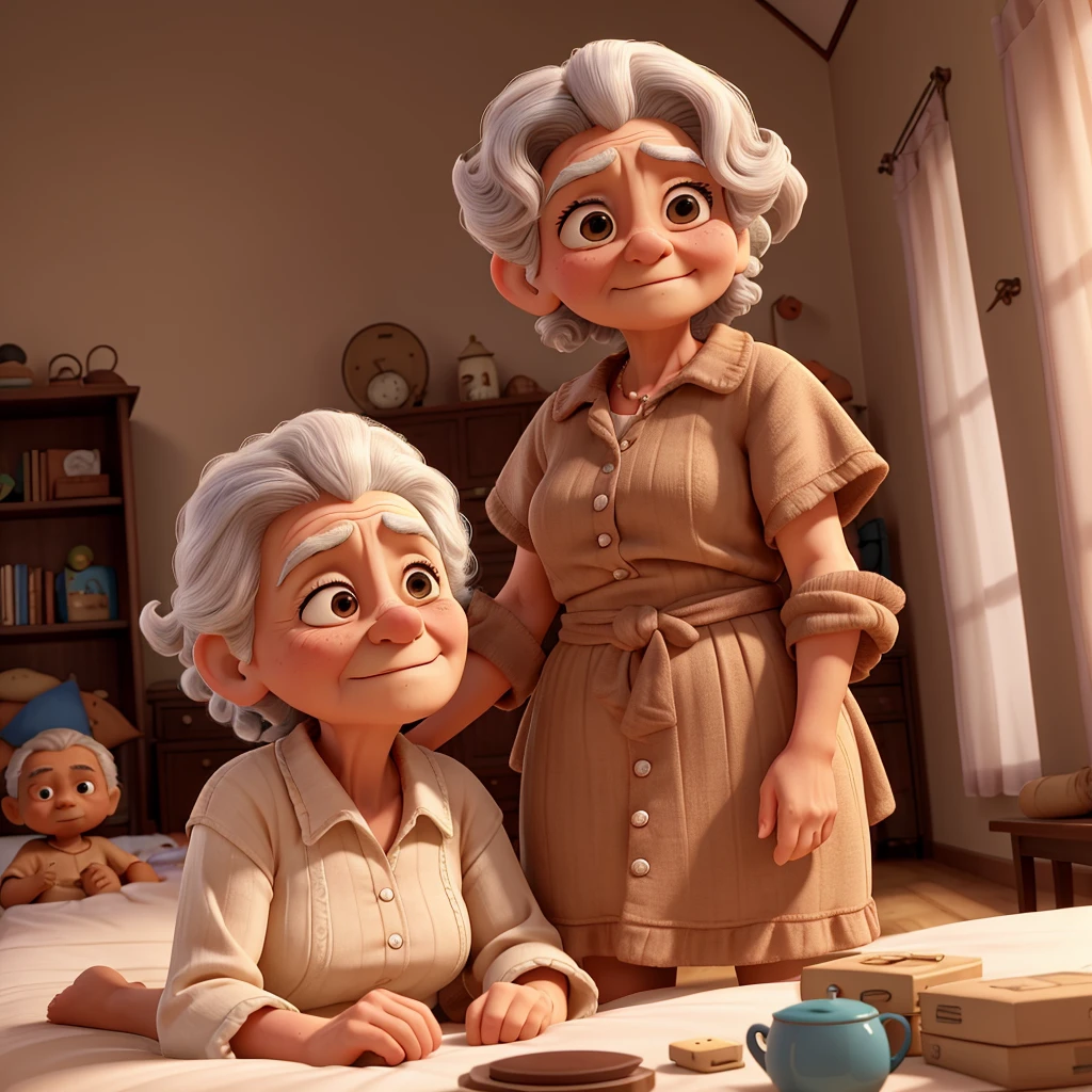 Uma aGrandma de 88 anos de idade, lying on the bed in a simple room, no objects, except the bed. She is very old, with deeply wrinkled skin, and in his last hours of life. Your 37 year old grandson, with short wavy hair and low beard, With brown skin, sit next to her, holding hand, showing care and sadness. The grandson is saying, 'I love you, Grandma.' The scene is solemn, with a sense of deep emotion."