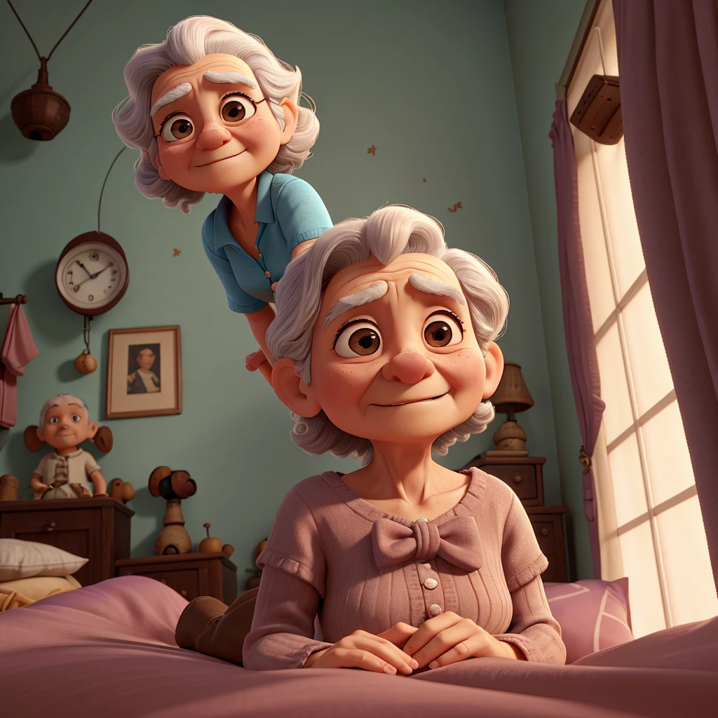 Uma aGrandma de 88 anos de idade, lying on the bed in a simple room, no objects, except the bed. She is very old, with deeply wrinkled skin, and in his last hours of life. Your 37 year old grandson, with short wavy hair and low beard, With brown skin, sit next to her, holding hand, showing care and sadness. The grandson is saying, 'I love you, Grandma.' The scene is solemn, with a sense of deep emotion."