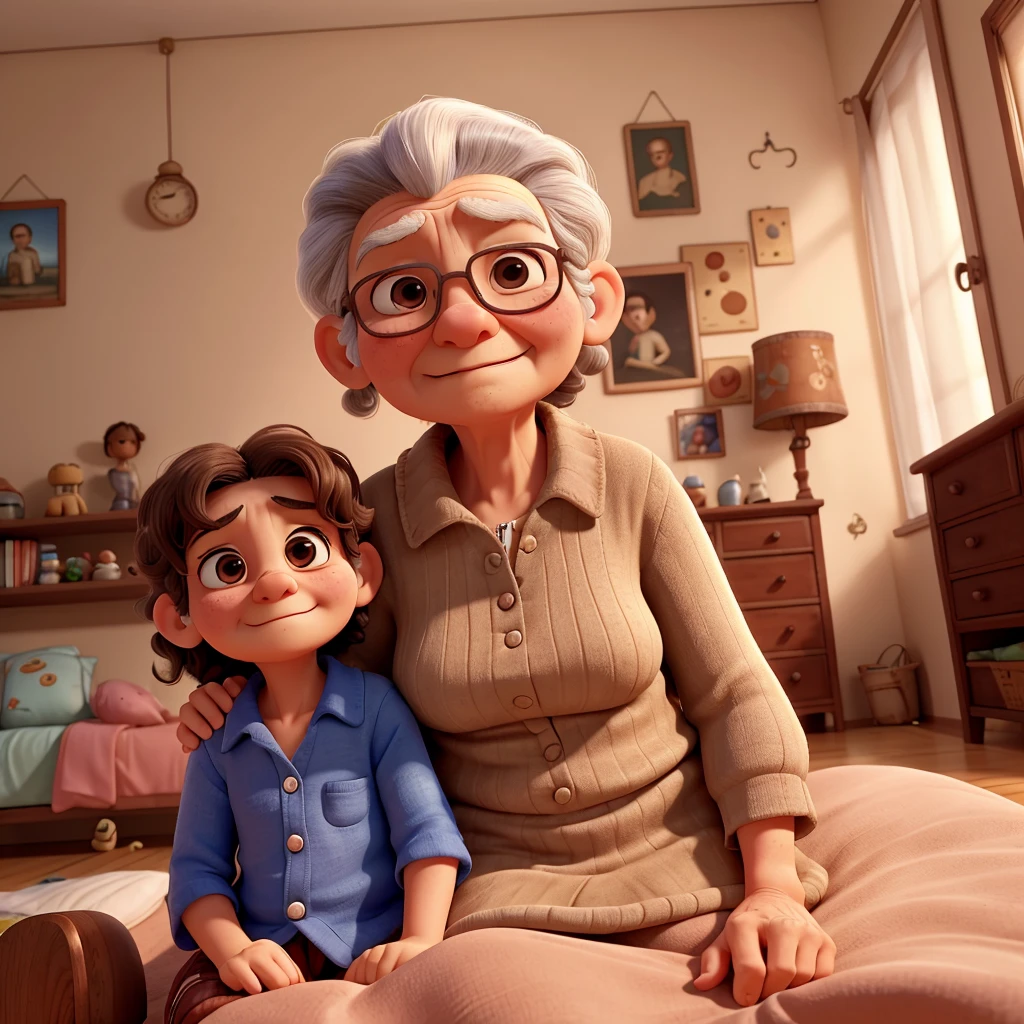 I need an image of a spirit watching a grandmother and her grandson while they take a photo in a nostalgic atmosphere. The spirit has a translucent appearance, showing benevolent features and a serene expression. La abuela, con cabello gris placido, lleva un vestido de seda suave y recortado en la cintura. Su nieto, with luminous eyes and red kidneys, porta una camisa blanca y pantalones azules. The scene is illuminated by a soft, warm light.