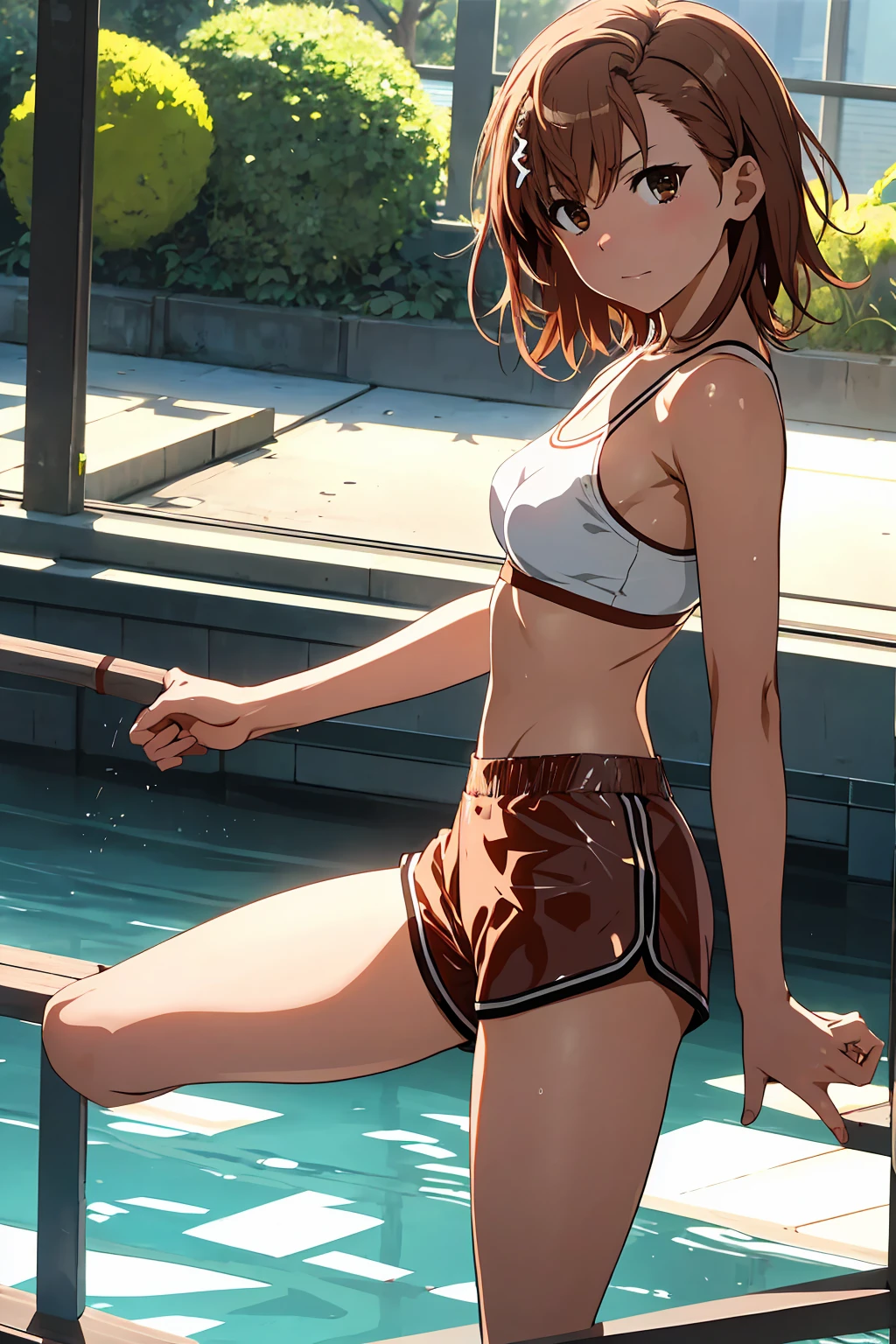 Highest quality:1.5, High resolution, uhd, 4K, Detailed lighting, Shaders), NSFW Misaka Mikoto,short hair　Brown Hair　Brown eyes　Cool face　　((Black latex shorts))++　Sports bra with a small area　Realistic sun rays　 Beautiful park　topless　Completely naked