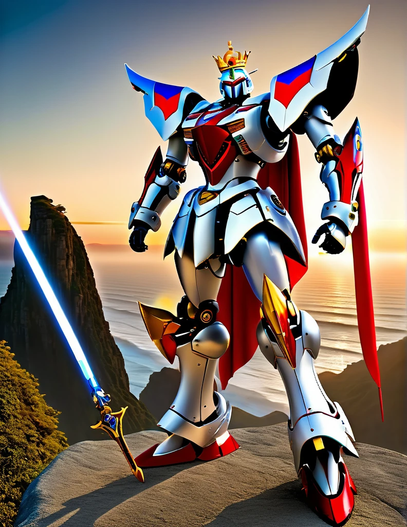 Full body image of King Arthur's personal mech named Excalibur, Excalibur if it were a giant robot, Mecha, Regal Knight aesthetic, white and gold armor with a Scarlett cape billowing in the wind, standing on a cliffside overlooking a fantasy version of Camelot, sunrise in the background, stunning visuals

Holding an energy sword