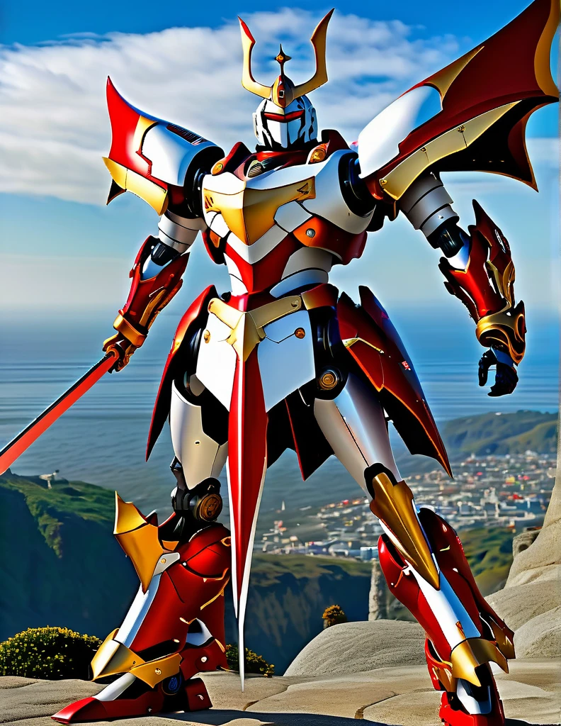 Full body image of King Arthur's personal mech named Excalibur, Excalibur if it were a giant robot, Mecha, Regal Knight aesthetic, white and gold armor with a Scarlett cape billowing in the wind, standing on a cliffside overlooking a fantasy version of Camelot, sunrise in the background, stunning visuals

Holding an energy sword