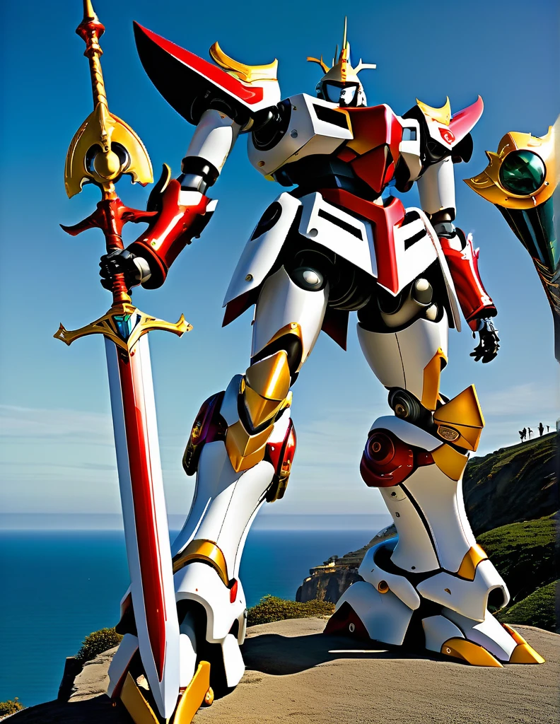 Full body image of King Arthur's personal mech named Excalibur, Excalibur if it were a giant robot, Mecha, Regal Knight aesthetic, white and gold armor with a Scarlett cape billowing in the wind, standing on a cliffside overlooking a fantasy version of Camelot, sunrise in the background, stunning visuals

Holding an energy sword