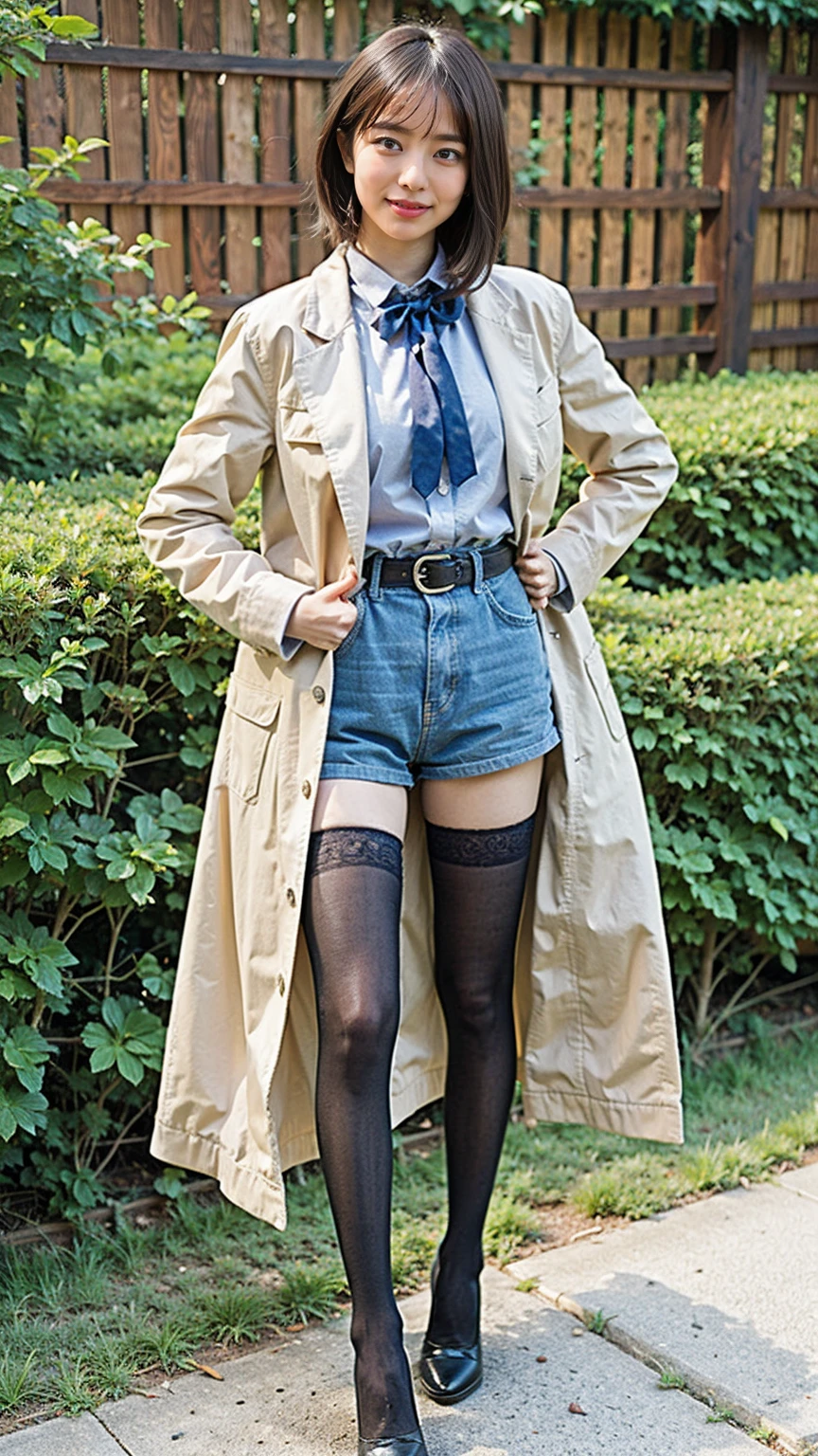 (8K、RAW Photos、Highest quality、masterpiece:1.2)、(Realistic、Realistic)、1 Girl、((Shorts、shirt、Long coat、black、Thin legs、whole body、boots、one piece、tights、garden、View from the front、smile、Looking into the camera、belt、Stand with hands on hips))、cute