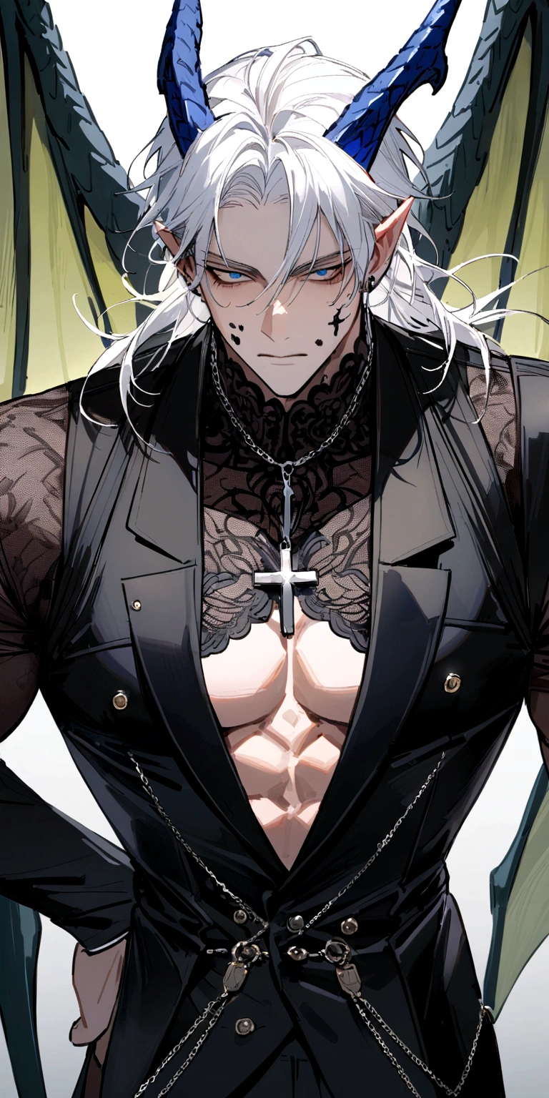 homen,strong musculature, White hair, best qualityer,open chest vest, blue and black clothes, Dragon Wings, black and blue dragon horns, black cloth on face, cross chain around the neck