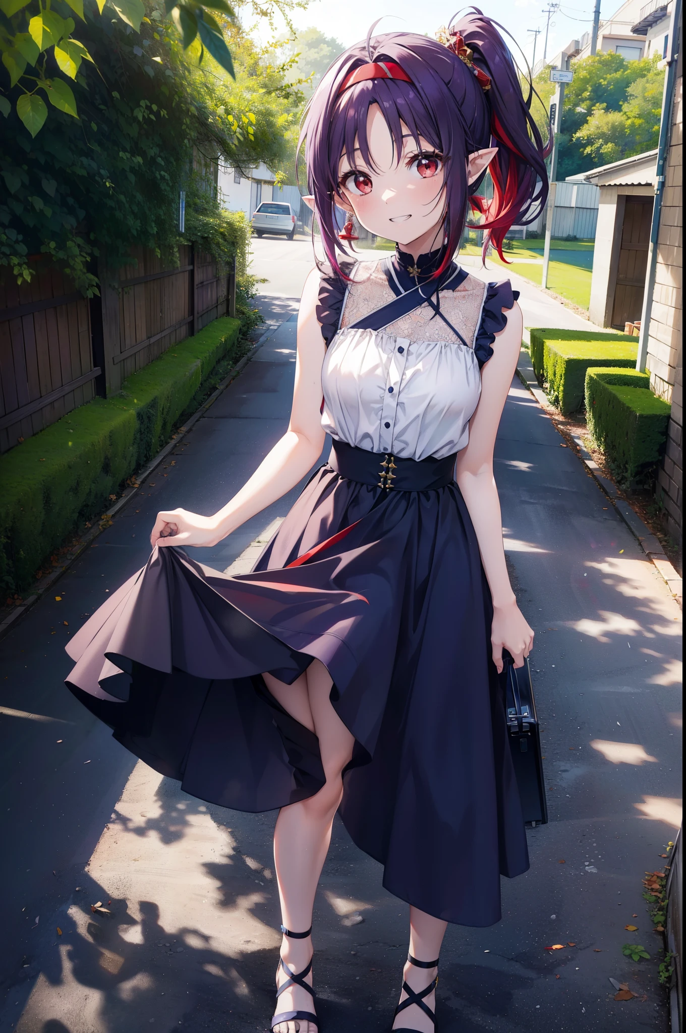 yuukikonno, Yuki Konno, hair band, Long Hair, Pointy Ears, Purple Hair, (Red eyes:1.5), (Small breasts:1.2),Side Ponytail,smile,Grin,Purple sleeveless dress、Cute Sandals,Put your right hand on your hip,Push-type suitcase,Are standing,Daytime,whole bodyがイラストに入るように, 　　　　　                       break looking at viewer, whole body,  　　　　　　　　　　　　　　　　　　　break outdoors,countryside, Residential Street,city,　　　　　　　　　　　　break (masterpiece:1.2), Highest quality, High resolution, unity 8k wallpaper, (shape:0.8), (Fine and beautiful eyes:1.6), Highly detailed face, Perfect lighting, Highly detailed CG, (Perfect hands, Perfect Anatomy),チックなmorning日,morning,Extreme Light，　　　　　　　　　　