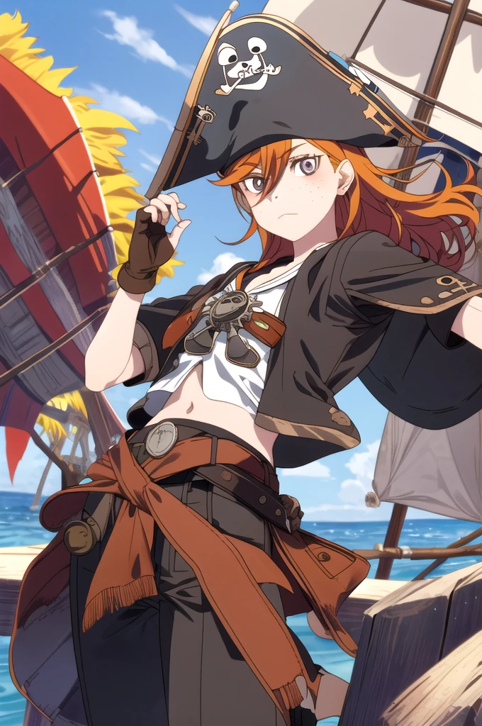 1 girl, adult german woman, freckles, black eyes, ginger quiff hair, ombre,
Style-GravityMagic, focus on character, portrait, (battlescars:0.7), looking at viewer, solo,  half shot, detailed background, (piratepunkai, pirate theme:1.1), cursed sailor, privateer suit prirate, pirate hat,  dark expression,  treasure map, coastal pirate town,  pier, docks,  camp,  palm trees,  peaceful,  pirate tents, pirate ship on shore,  sunrise, a plain white background,hair orange, eyes purple,shoes pirate boots,pants pirate,fingerless leather gloves,bandages that cover his arms completely