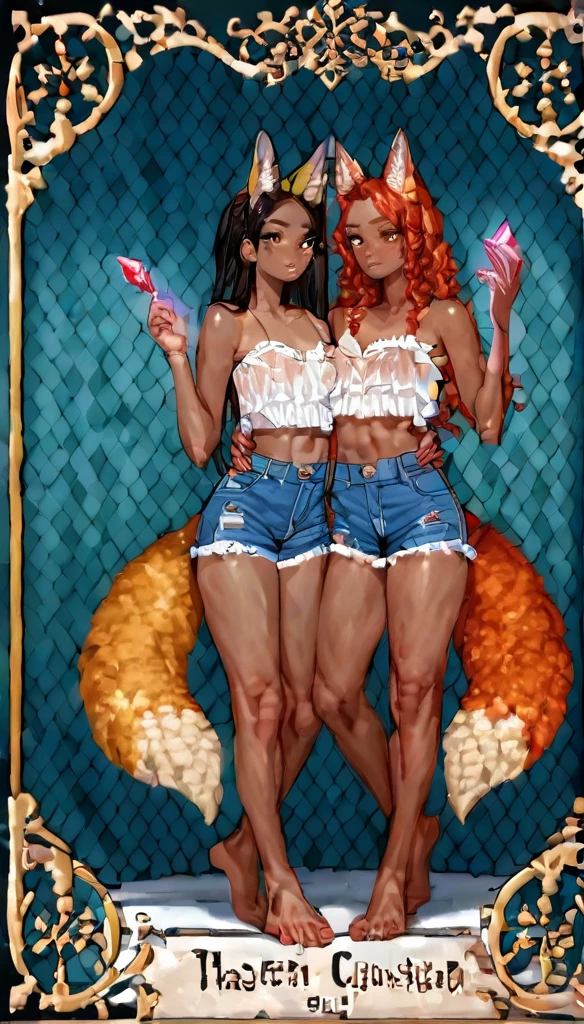 check_9, check_8_up, check_7_up, check_6_up, check_5_up, check_4_up,
Female, (Fox:1.2), animal ears, animal tail, holding (2 red magic Crystals on Hands), (Hands_up0.75), jewelry, hair_Good, Dark_skin, Dark_skinned_Female, red hair, Brown eyes, eyelashes, frill, (Translucent Arabic {croptop, shorts}),
full-length standing painting, (((One))), Simple line design, ((Tarot card background, symmetrical beauty)), perfectly symmetrical, The art of symmetry, Standing Character Drawings, ((flat colors)), tmasterpiecetop Качества