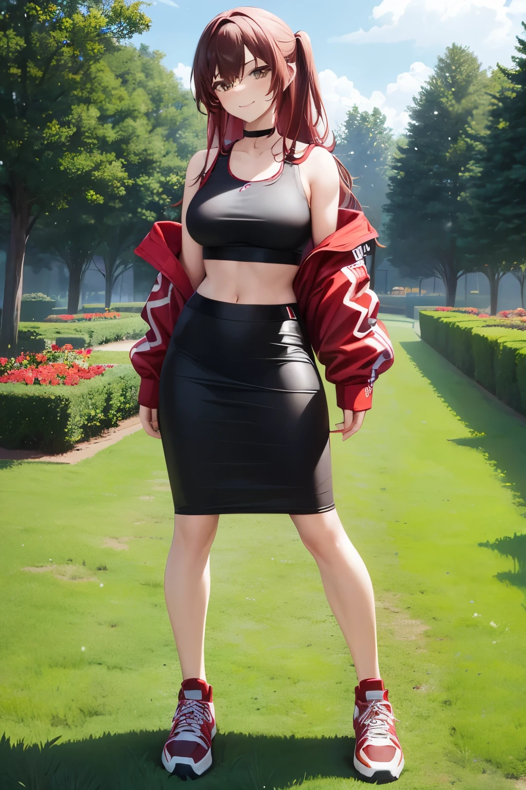 1girl, woman, red sports bra, black midi pencil skirt, midriff, sneakers, long hair, brown hair, full body, smile, garden