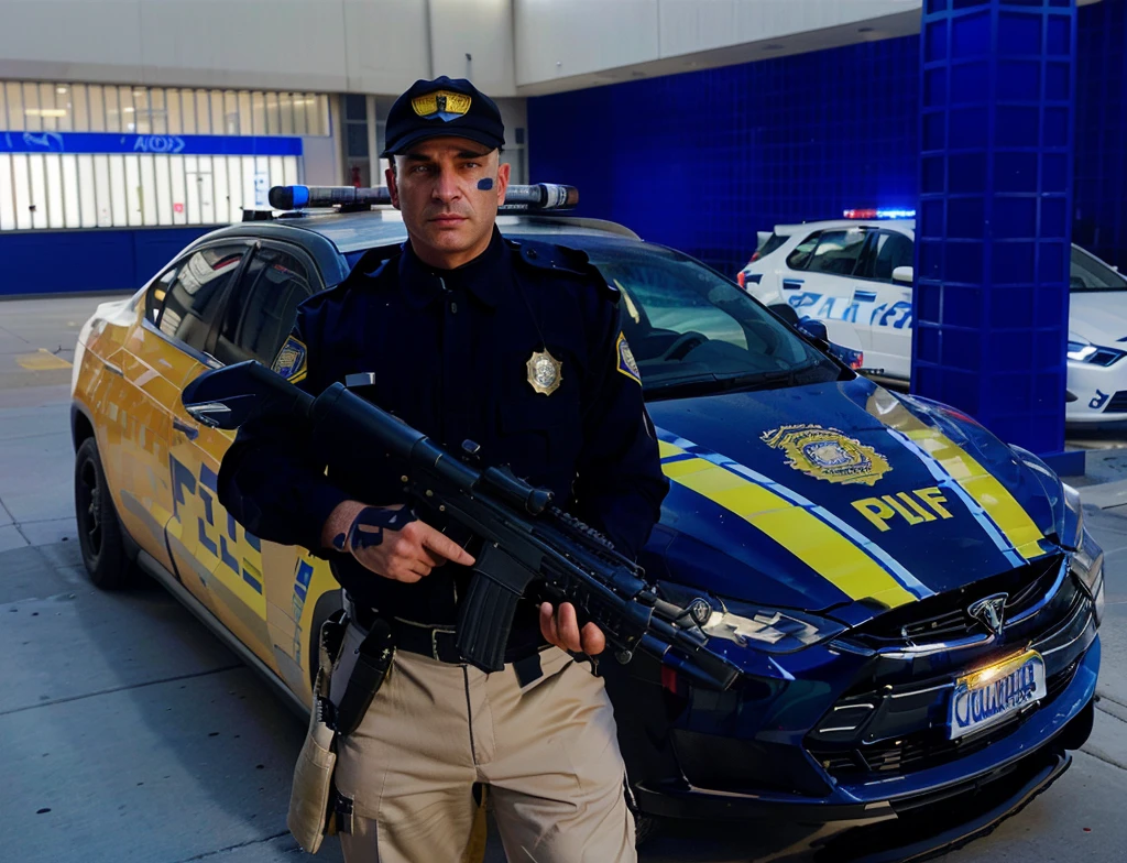 arafed police Policerman with a gun standing next to a car, police Policerman, police, vestimentas: Policerman, mechanized police infantry, policeman, police man!!, Security agent, Policerman, policeman closeup, holding pdw, Policerman, high détail!!, gta character, police uniform, military police, police tesla, NYPD, as the protagonist of gta 5, in-game