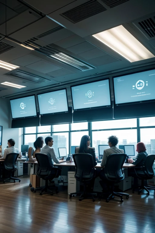 In an advanced office of the future, diverse teams are involved in high-tech projects