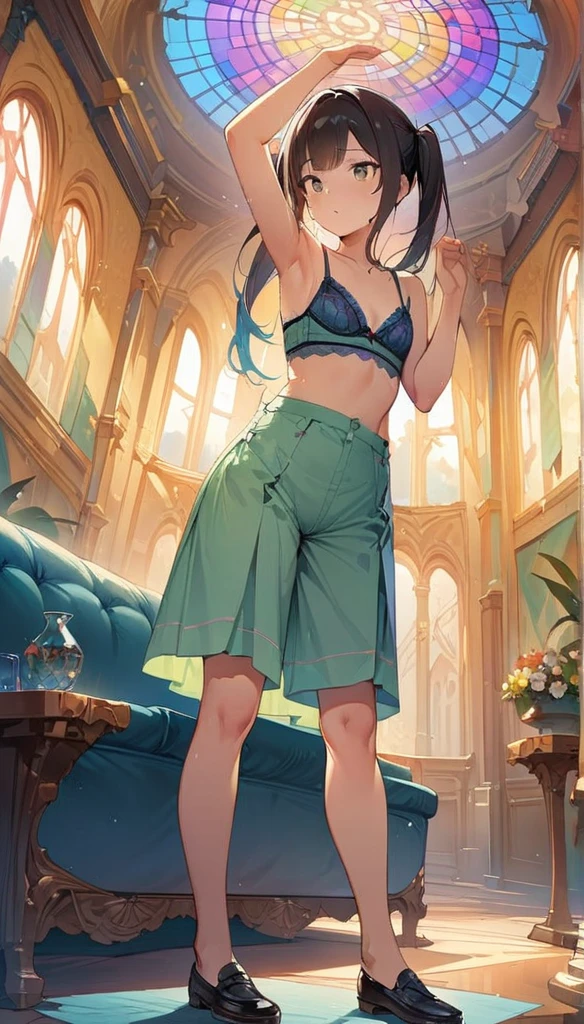 (masterpiece:1.8),(Highest quality:1.8),(Very detailed:1.8),(8k:1.8),(Ultra-fine Illustration:1.5),,,Straight low twintail,Flat Chest,Small Ass,(High-grade ,,lingerie:1.4),(Prayer Pose:1.5),Vintage sofa,,(Full body angle), Rainbow Gradient, Foundation, (bra:1.3), (lingerie,culottes:1.3),