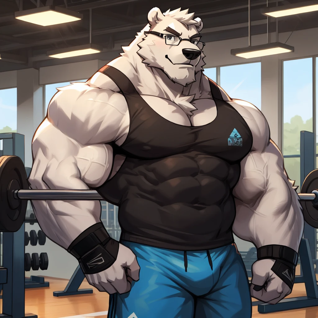 solo, 1boy, Huge middle aged Muscular White Polar Bear wearing glasses, huge white fur, pectoral, huge pectoral, wide pectoral, short white hair, blue colored short pants, blue colored wristbands and blue colored tank top, white bearded, white Mustache, white fur, gym background, masterpiece, high detailed, 8k, high resolution, at the gym, strut