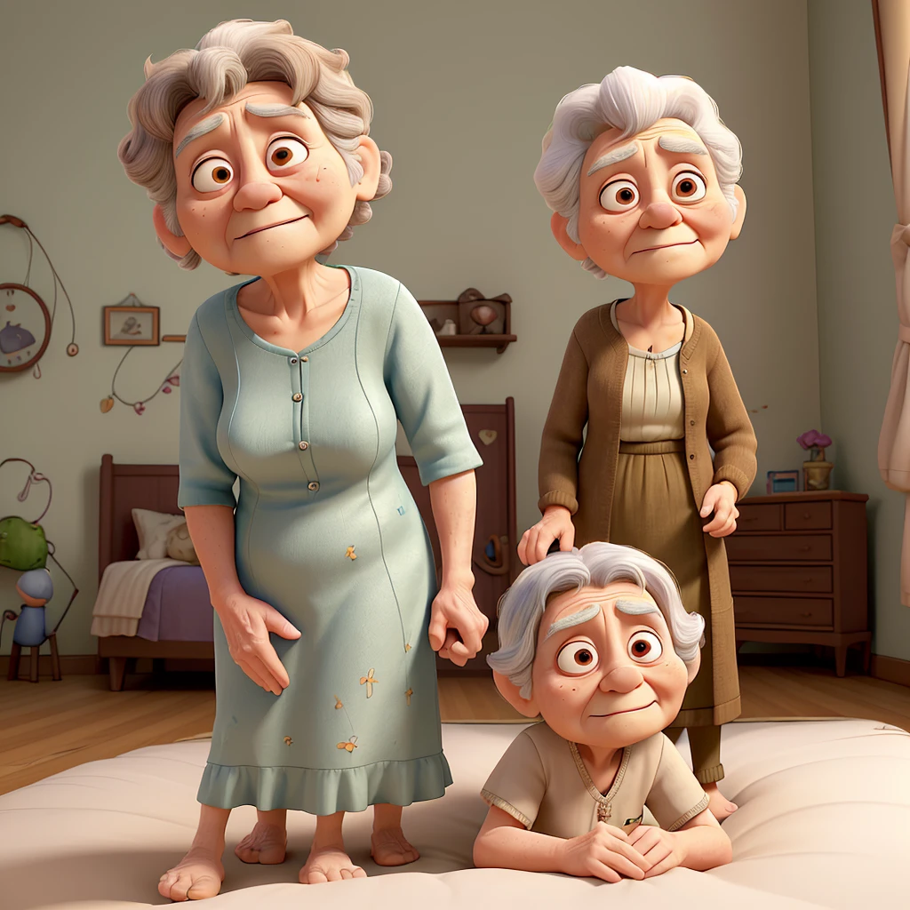 An 88-year-old grandmother lying on the bed in a simple room with no objects except the bed.  She is very old, with deeply wrinkled skin, and in her last hours of life.  Her 37-year-old grandson, with short wavy hair and a low beard, with brown skin, sits next to her, holding her hand, showing care and sadness.  The grandson is saying, 'I love you, grandma.'  The scene is solemn, with a sense of deep emotion."