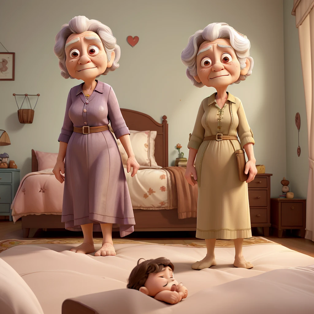 An 88-year-old grandmother lying on the bed in a simple room with no objects except the bed.  She is very old, with deeply wrinkled skin, and in her last hours of life.  Her 37-year-old grandson, with short wavy hair and a low beard, with brown skin, sits next to her, holding her hand, showing care and sadness.  The grandson is saying, 'I love you, grandma.'  The scene is solemn, with a sense of deep emotion."
