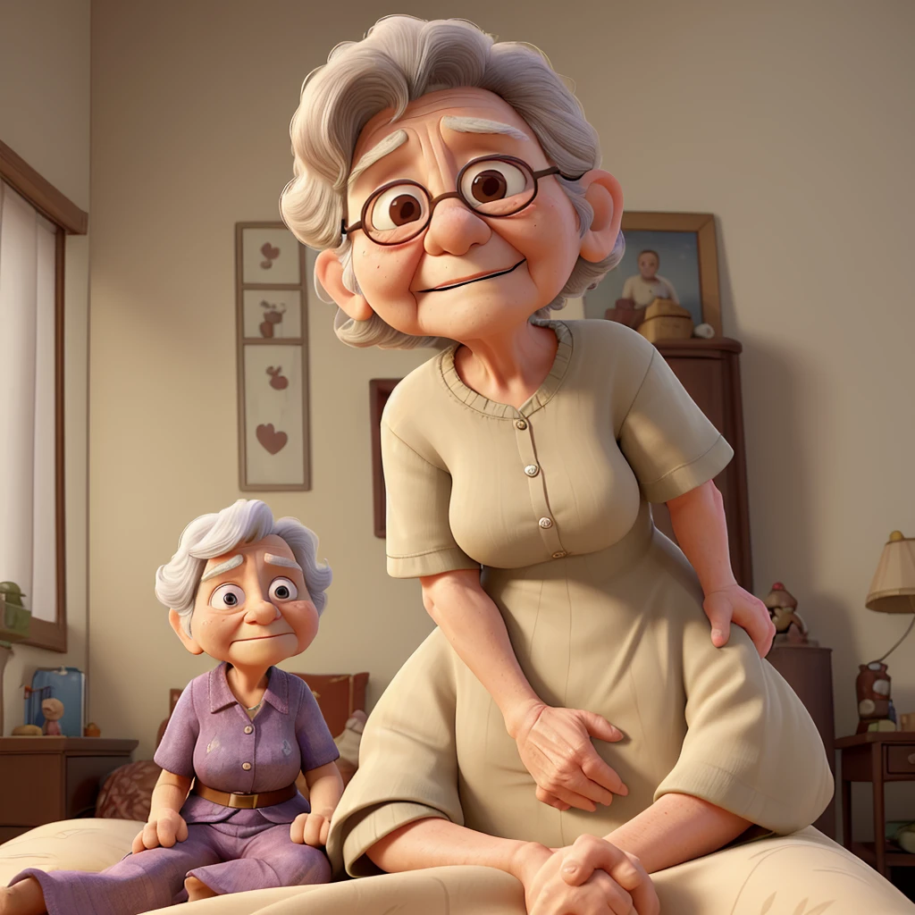 An 88-year-old grandmother lying on the bed in a simple room with no objects except the bed. She is very old, with deeply wrinkled skin, and in her last hours of life. Her 37-year-old grandson, with short wavy hair and a low beard, with brown skin, sits next to her, holding her hand, showing care and sadness. The grandson is saying, 'I love you, grandma.' The scene is solemn, with a sense of deep emotion."
