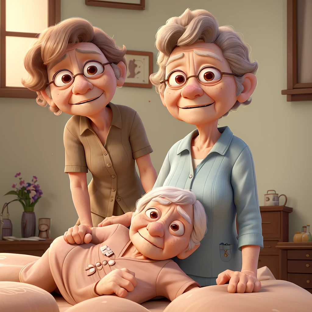 An 88-year-old grandmother lying on the bed in a simple room with no objects except the bed. She is very old, with deeply wrinkled skin, and in her last hours of life. Her 37-year-old grandson, with short wavy hair and a low beard, with brown skin, sits next to her, holding her hand, showing care and sadness. The grandson is saying, 'I love you, grandma.' The scene is solemn, with a sense of deep emotion."