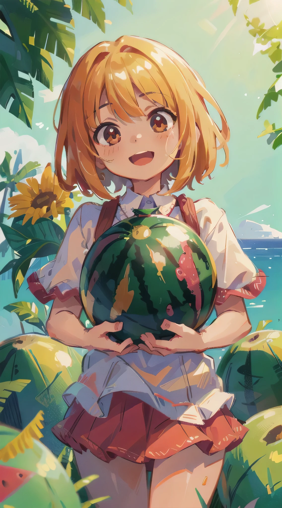 Girl, Watermelon, Happy, Summer, Perfect Quality, Clear Focus (Clutter - Home: 0.8), (Masterpiece: 1.2) (Realistic: 1.2) (Bokeh) (Best Quality) (Detailed Skin: 1.3) (Intricate Detail) (8K) (Detail Eye) (Sharp Focus), (Happy