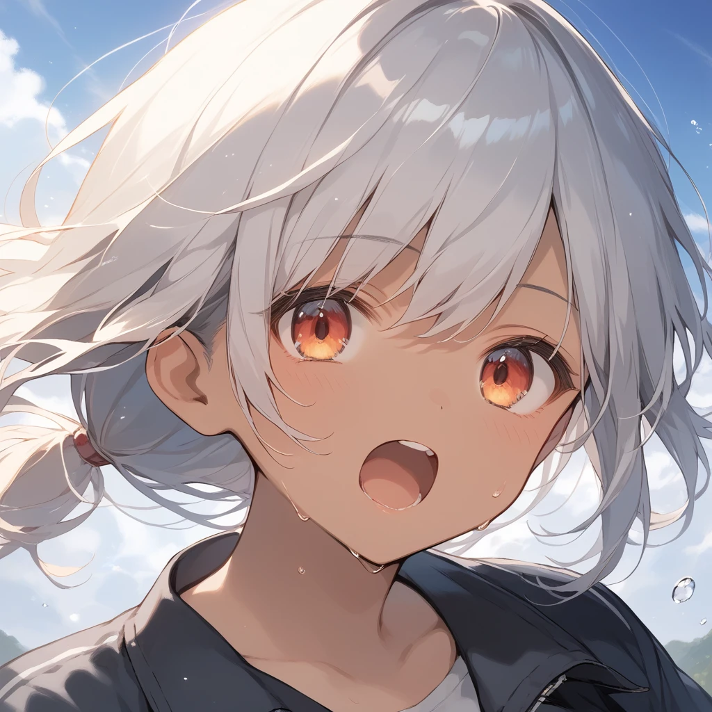 score_9, score_8_up, score_7_up, source_anime, best quality, masterpiece, official art, absurdres, highres, ultra-detailed,waifu2x,Collection: Slice of Life,break,1girl, tomboy, dark-skinned female, short hair, low ponytail, flat chest, beautiful detailed eyes, short shorts, sweat, open mouth, (yawn:0.3), sleepily, outdoors, wind, break,dewy skin, perspiration on the skin,skin texture, fine lines, pores, natural imperfections,light reflections, glossy skin, shiny skin,break,(clear line illustration:1.2),very high resolution, very aesthetic, Best sexual lighting powered by famous artist, 8k,cute picture,beauty illustration,photoshop_(medium),,(Detailed Lighting),best anime 8k konachan wallpaper, pixiv contest winner,