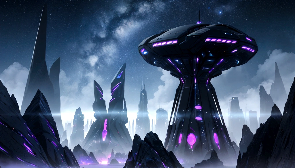 "Create a high-resolution image that depicts a stunning futuristic landscape with a darker color palette. The landscape should show a nocturnal or twilight setting, with futuristic buildings that light up in vibrant shades of blue, roxo e neon. The sky should be starry and peppered with high-tech lights, giving a sense of an advanced and mysterious world. Innovative Architectural Structures, like skyscrapers, Suspension bridges and flying vehicles, devem compor a paisagem. A imagem deve transmitir uma atmosfera de beleza, Technological advancement and a touch of dark futurism. The details and sharpness of the image are essential to bring out the richness of the futuristic landscape in darker color palette.