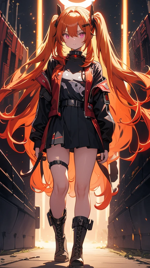long-haired girl with pigtails, orange hair, perfect body, metallic robot arms, red-purple eyes, military jacket, beautiful thick thighs, purple-red and black clothes, military boots, many belts, holds a futuristic laser cannon, has war scars, walking shot, full body focus, high definition details, military base background.