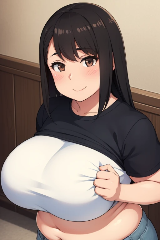 Plump year 21 big breasts black hair brown eyes happy longer hair smile blushing deredere