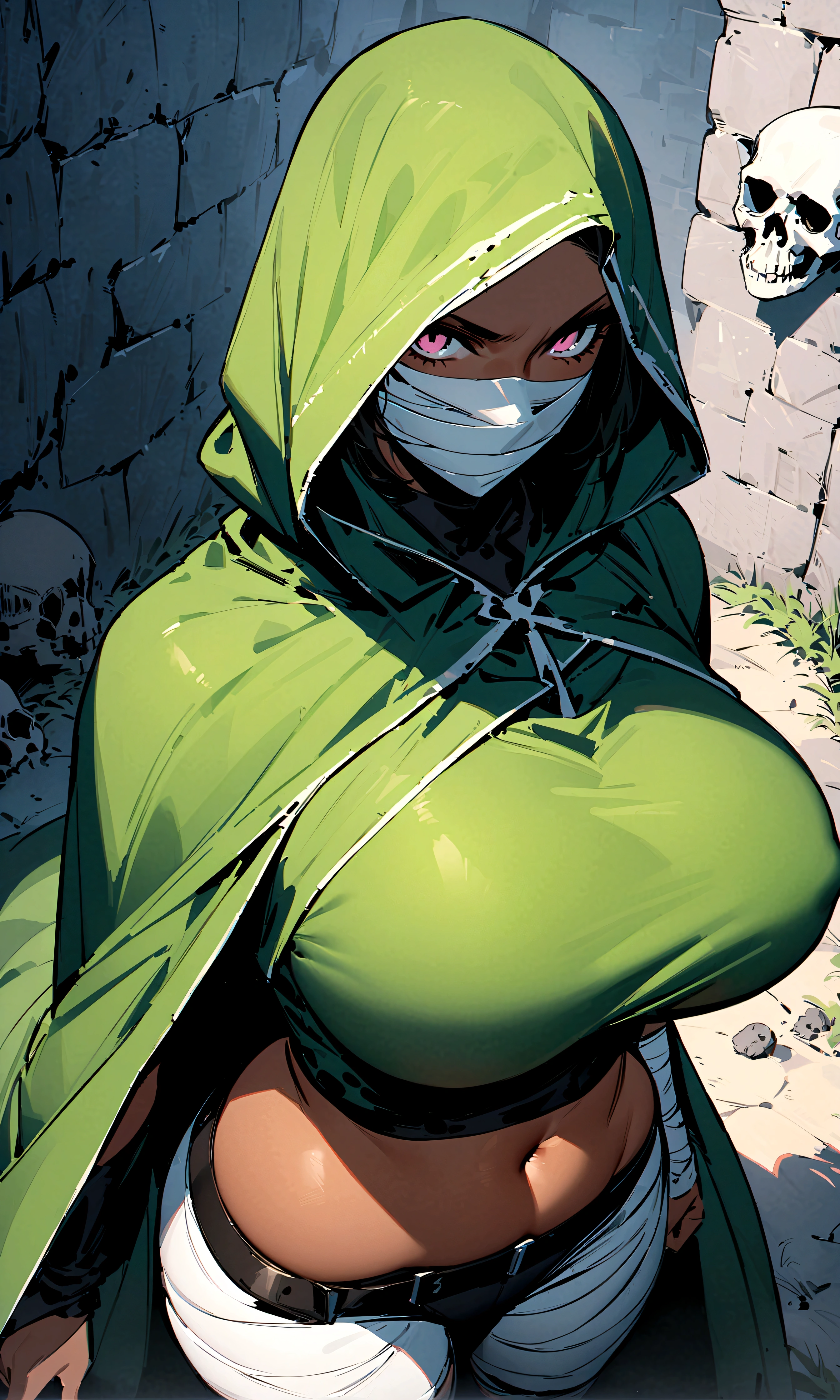 masterpiece, best quality, thesilent, dark skin, skull, covered face, green cloak, bandages, midriff, bandaged legs, upper body, huge breasts, thick thighs, looking at viewer, chiaroscuro, stone walls, dungeon, serious, from above