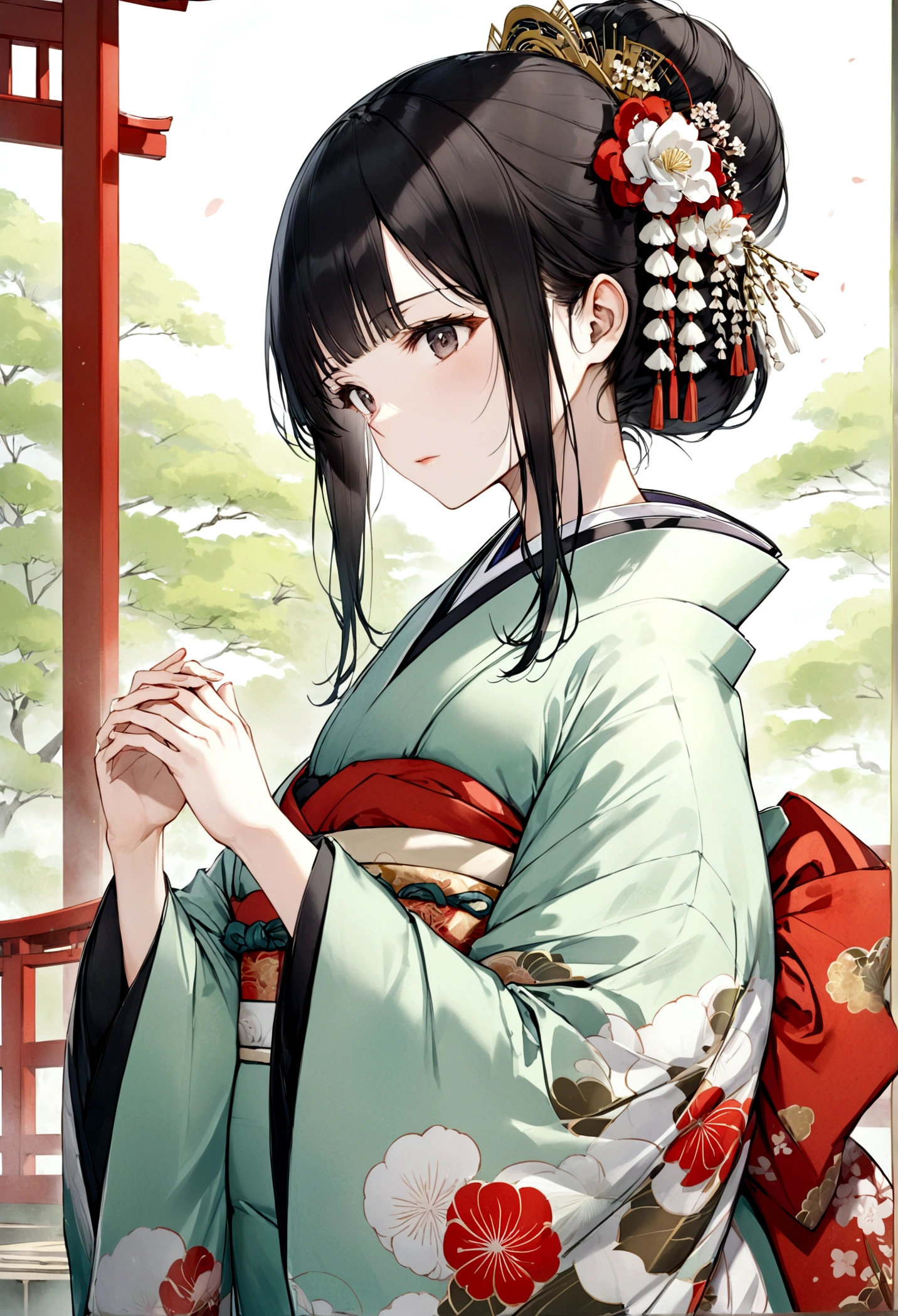 A woman wearing a kimono。Heian period。Offer a prayer