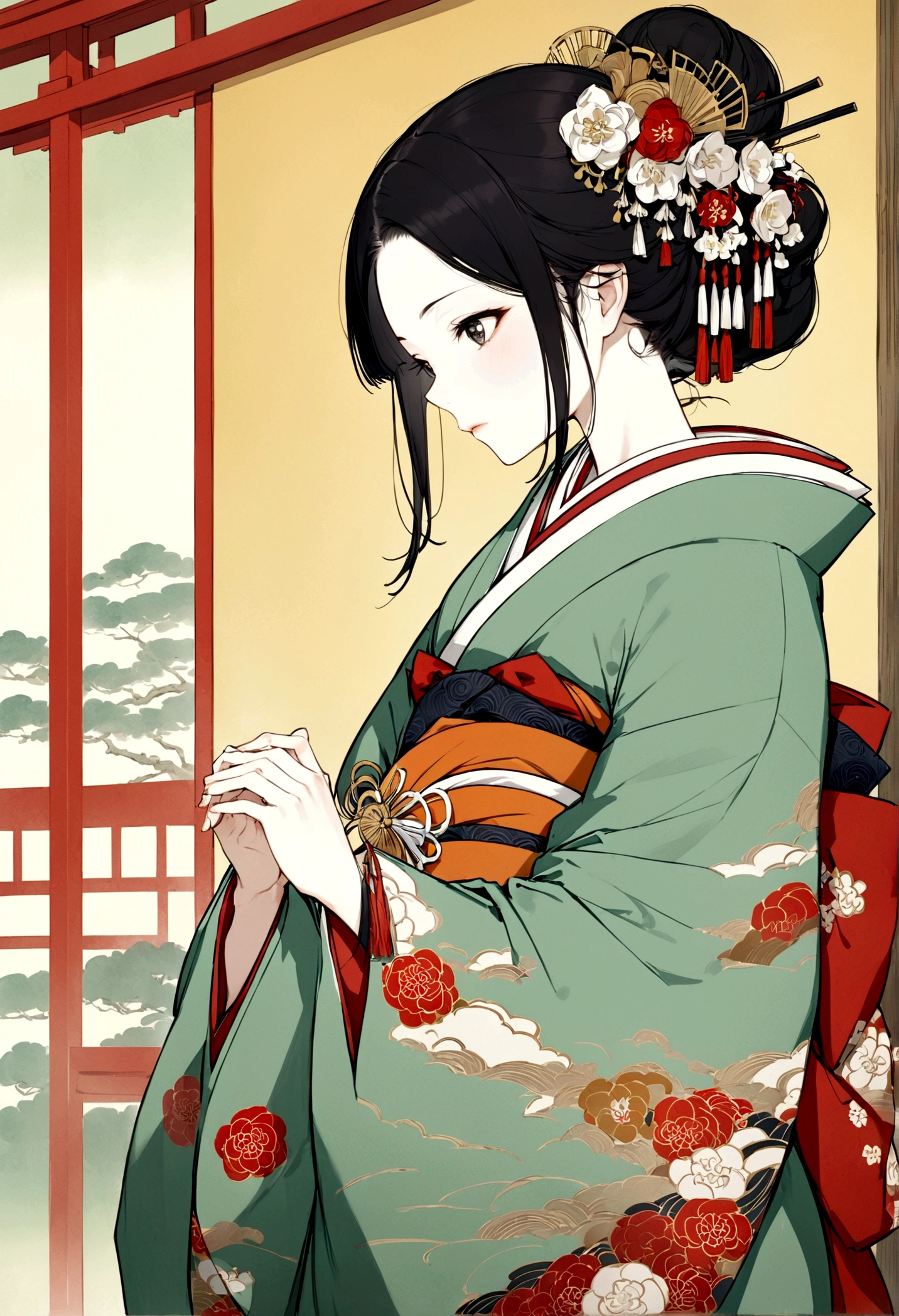 A woman wearing a kimono。Heian period。Offer a prayer
