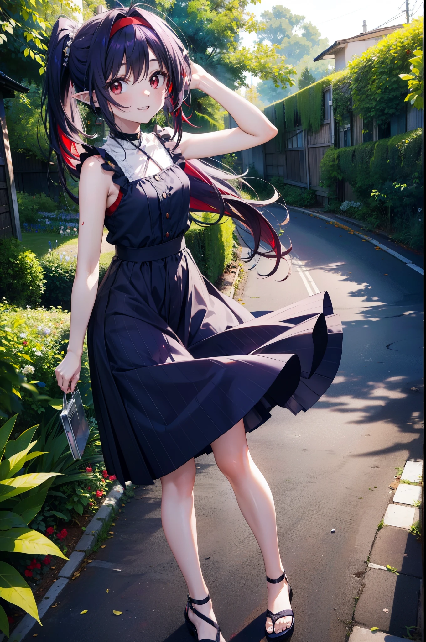 yuukikonno, Yuki Konno, hair band, Long Hair, Pointy Ears, Purple Hair, (Red eyes:1.5), (Small breasts:1.2),Side Ponytail,smile,Grin,Purple sleeveless dress、Cute Sandals,Put your right hand on your hip,Push-type suitcase,Are standing,Daytime,whole bodyがイラストに入るように, break looking at viewer, whole body, break outdoors,countryside, Residential Street,city, break (masterpiece:1.2), Highest quality, High resolution, unity 8k wallpaper, (shape:0.8), (Fine and beautiful eyes:1.6), Highly detailed face, Perfect lighting, Highly detailed CG, (Perfect hands, Perfect Anatomy),チックなmorning日,morning,Extreme Light,