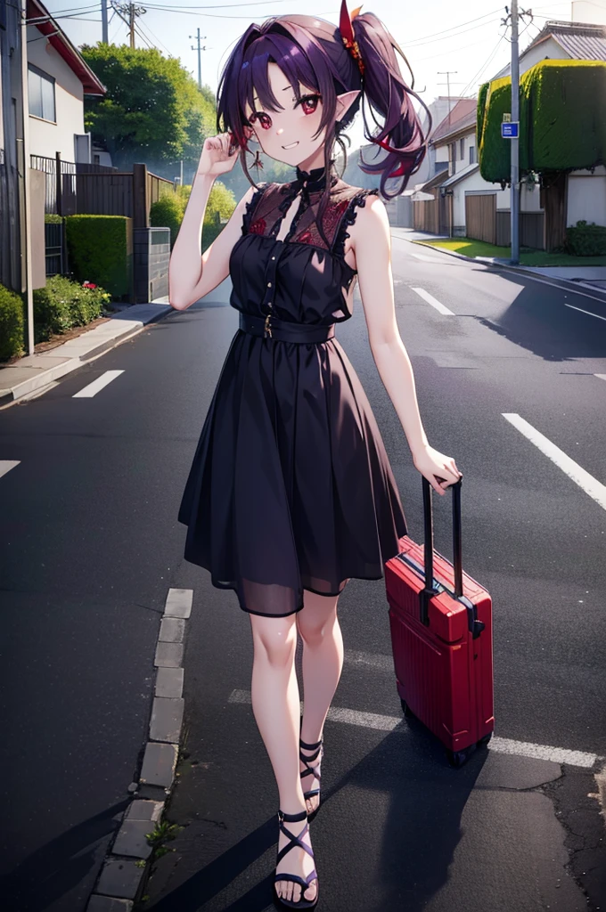 yuukikonno, Yuki Konno, hair band, Long Hair, Pointy Ears, Purple Hair, (Red eyes:1.5), (Small breasts:1.2),Side Ponytail,smile,Grin,Purple sleeveless dress、Cute Sandals,Put your right hand on your hip,Push-type suitcase,Are standing,Daytime,whole bodyがイラストに入るように, break looking at viewer, whole body, break outdoors,countryside, Residential Street,city, break (masterpiece:1.2), Highest quality, High resolution, unity 8k wallpaper, (shape:0.8), (Fine and beautiful eyes:1.6), Highly detailed face, Perfect lighting, Highly detailed CG, (Perfect hands, Perfect Anatomy),チックなmorning日,morning,Extreme Light,