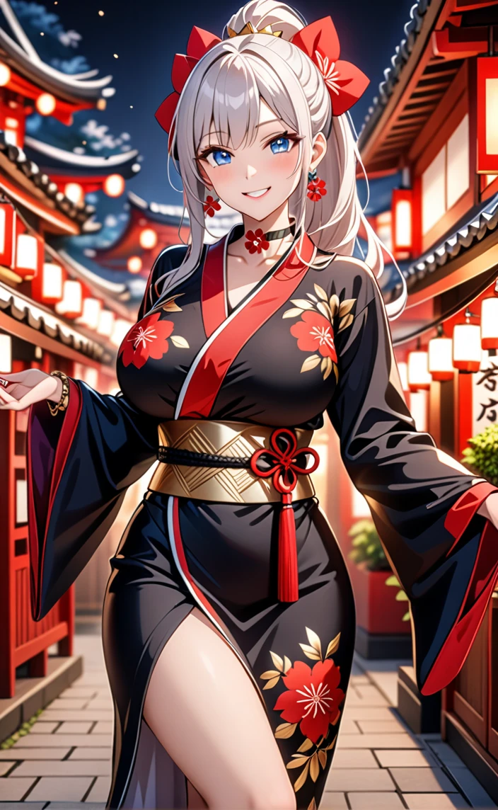 (ultra-detailed), ((one girl)), hyper detailed, absurdres, 8K,Cute face, (Laugh shyly), ((teasing smile:1.8)), ((Wink:1.8)), (Laugh with your mouth wide open:1.3),(Tilt your head:1.3), View your viewers, ((Bright red cheeks:1.6)),Glossy Red Lips, ((Big Breasts:1.6)) night, Shrine festival stalls, (Brighten your face), ((Anime style background)),masterpiece, Highest quality, so beautiful,Latest, Complex details, (Pink long nails), (nail art), (ring),(bracelet), (Floral Choker),AI-generated, Complex,High resolution, Highest quality, super high quality,3D Images、3D Images,One person,Long white hair,(High Ponytail), Anime woman posing for a photo, ((beautiful eyes)), ((Silver Eyes 1.1)), ((Fine grain、blue eyes、glowing eyes:1.5)), (Squint your eyes:1.1),a hyperRealistic , hyperRealistic , Realistic,Anime woman with long white hair, Smooth anime CG art, With gold embroidery、A girl in a gorgeous kimono, ((Black long sleeve kimono:1.3)),(Red large floral pattern) ,Long flower hair ornament,Floral Earrings,Mature Body, expensive,Abdominal muscles,Tight waist,((Zoom in on face:2.1)),(front view),