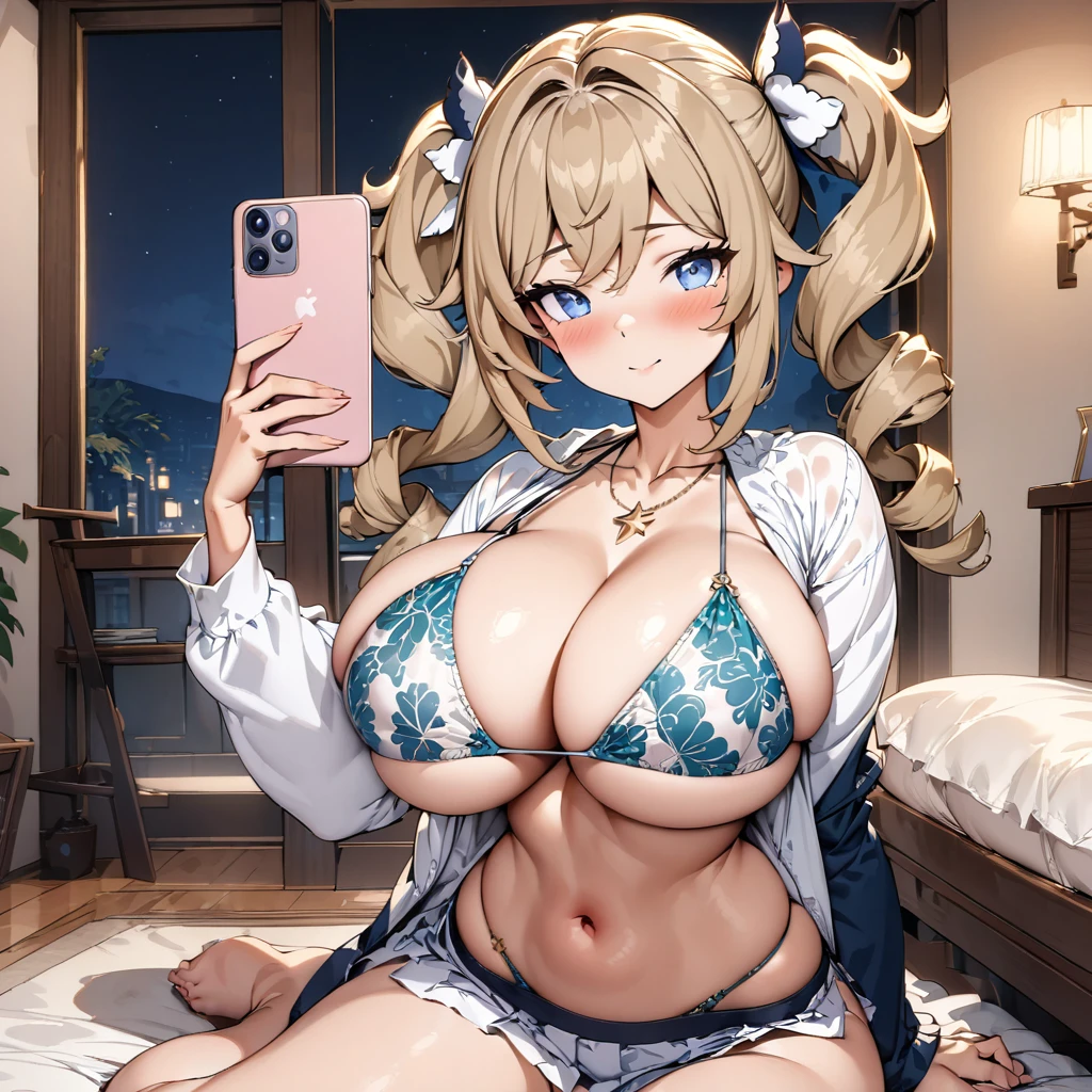 (masterpiece), (highest quality), (illustration), (super detailed), (high resolution), absurdity, 1girl, barbara,genshin impact,seductive smile,blush,pretty patterned string bikini,night,bedroom,yokozuwari,looking at viewer,bimbo,cleavage,hair ribbons,star necklace,cowboy shot,taking a selfie