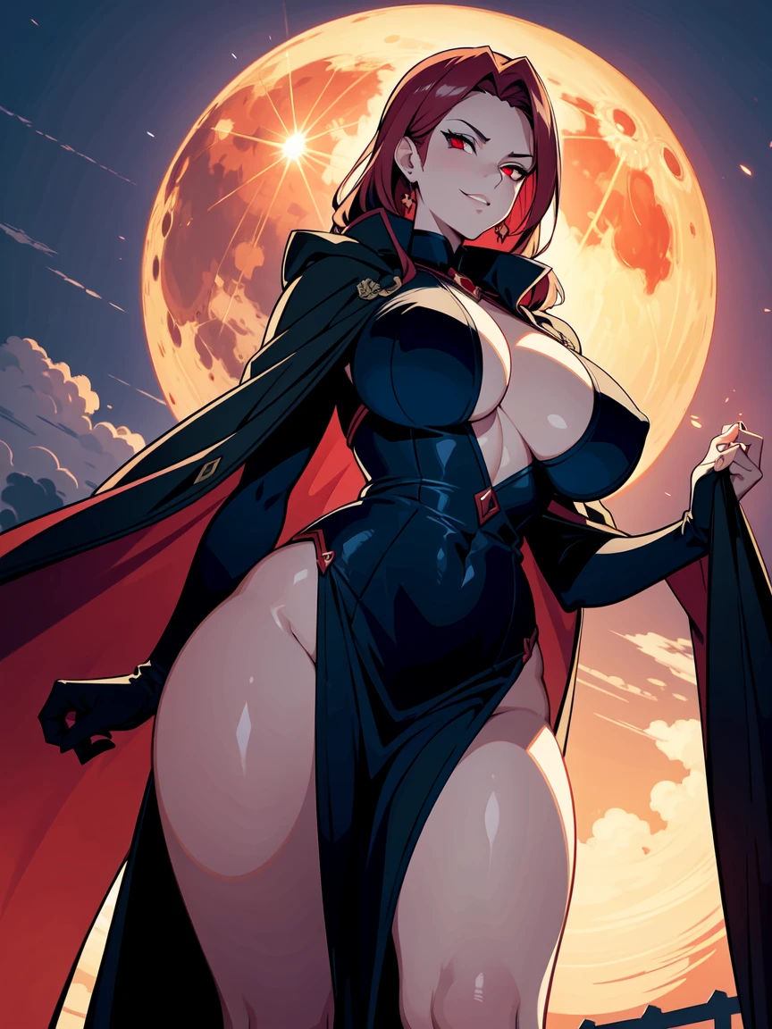 A huge, blood-red full moon peeked through the clouds. A beautiful, busty, mature vampire woman stepped onto the balcony in a crimson-lined, jet-black cloak., In this 16k, masterpiece, every proportion is ideally aligned, making her a seductive and toxic vision, nsfw, masterpiece, (slyly looks:1.1), (Cruel grinning eyes:1.1), perfect anatomy, ideal facial features, ideally proportioned figure, perfectly beautiful body, incredibly absurd res, absolutely resolution,16k wallpaper, looking down at us, Dutch angle, (from diagonally below),
