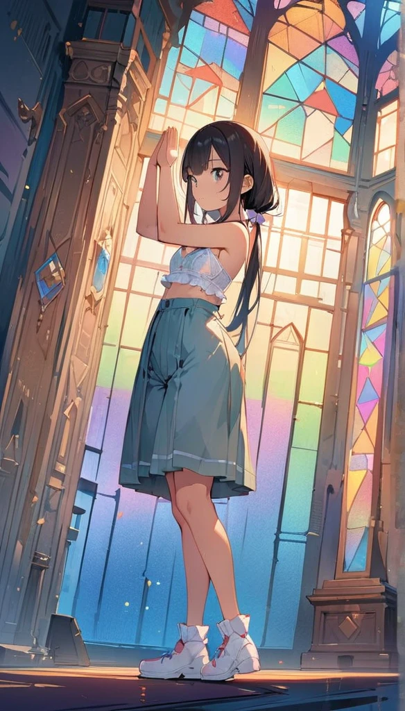 (masterpiece:1.8),(Highest quality:1.8),(Very detailed:1.8),(8k:1.8),(Ultra-fine Illustration:1.5),,,Straight low twintail,Flat Chest,Small Ass,(High-grade ,,lingerie:1.4),(Prayer Pose:1.5),Vintage sofa,,(Full body angle), Stained glass, Rainbow Gradient, Foundation, (bra:1.3), (lingerie,culottes:1.6),