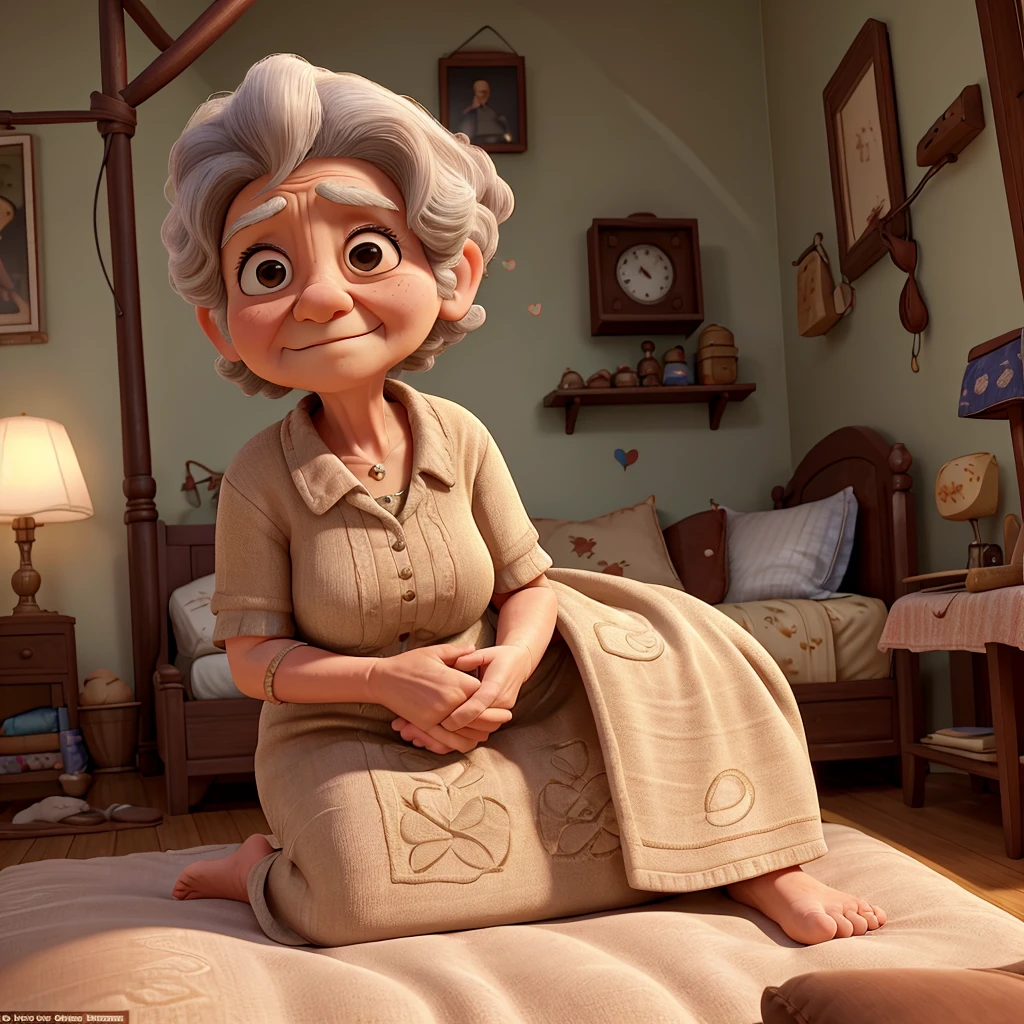 An 88-year-old grandmother lying on the bed in a simple room with no objects except the bed. She is very old, with deeply wrinkled skin, and in her last hours of life. Her 37-year-old grandson, with short wavy hair and a low beard, with brown skin, sits next to her, holding her hand, showing care and sadness. The grandson is saying, 'I love you, grandma.' The scene is solemn, with a sense of deep emotion."