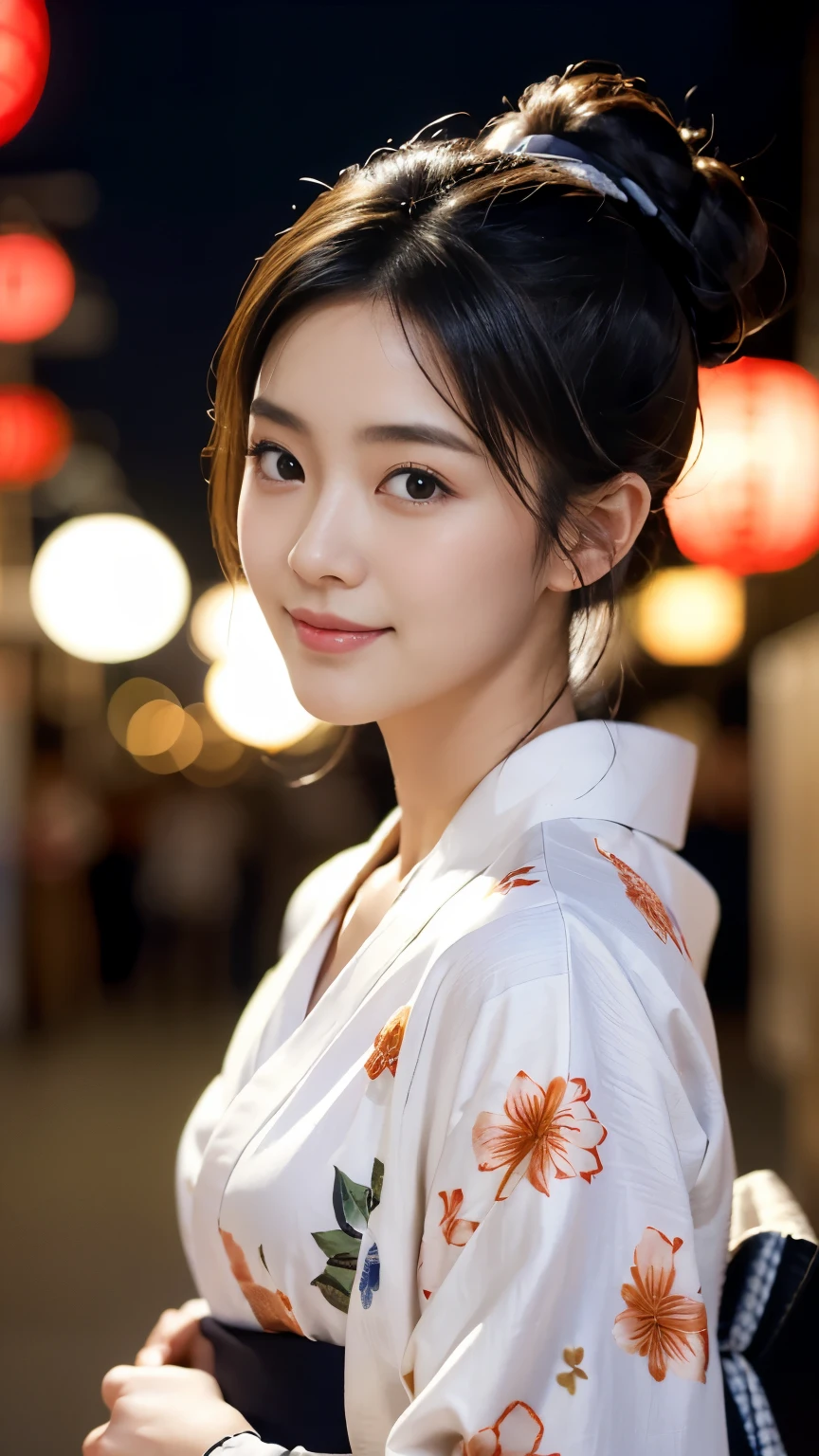 [super high quality,Masterpiece,Ultra high definition],((Japanese,woman,1 person,Super Beauty,Japanese beauty)),(seven-headed body,Model Body Type,Beautiful Skin,Dark brown eyes,A shy smile,a little sweaty),(Middle Hair,Black Hair,Her hair is tied up in a bun),(A lustrous yukata,A yukata with a floral pattern made of white fabric),Approach to the shrine,fair,Out-of-focus background,night,Summer festival