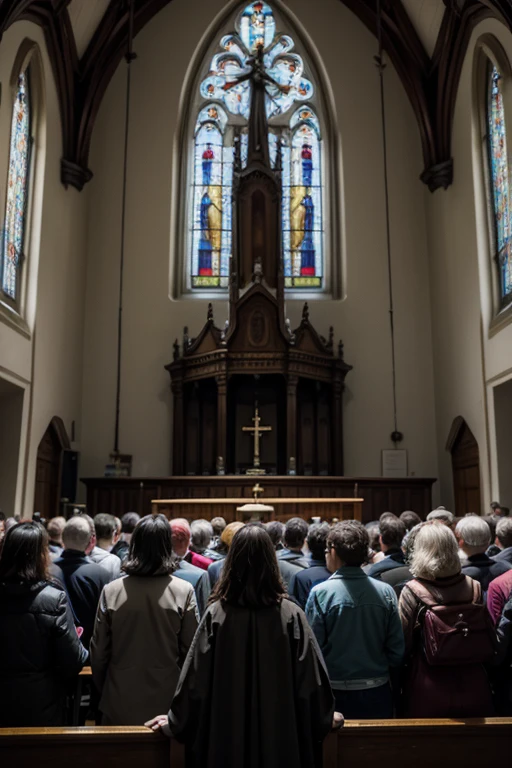 A church with a crowd looking at the bell