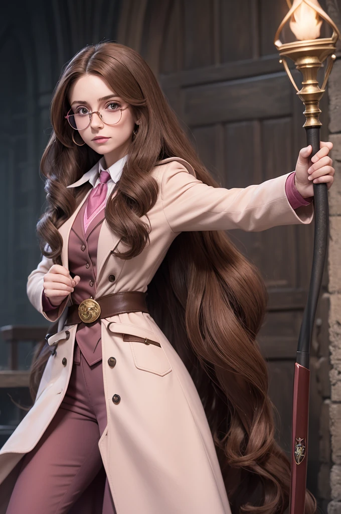 18 year old Hermione Granger casting a spell, she is wearing her normal grey hogwarts uniform with a short skirt. her small breasts are emitting a pink glow. Her face is smiling. Pink magic fills the air and hermione looks in shock at her massive breasts. (growing bust!!!) (hogwarts uniform) (tpink pantyhose)