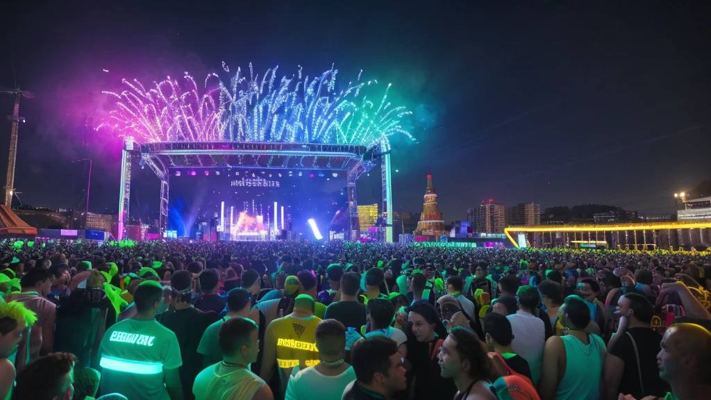- "A massive open-air techno event with thousands of beautiful dancing adults, featuring Alexei Navalny, some with clothing reminiscent of the Ukrainian flag, vibrant and energetic atmosphere, colorful lights and stage, diverse crowd with smiling faces, dynamic dance moves, intricate costumes, held at the Mutabor/Arma venue in Moscow, summer daytime setting, industrial backdrop with graffiti art, futuristic installations, DJs mixing on elevated platforms, detailed sound equipment, vibrant decor with neon elements, interactive light shows, confetti in the air, cityscape of Moscow visible in the background, food stalls and lounge areas, vibrant and immersive experience --v 5 --q 2 --ar 16:9"