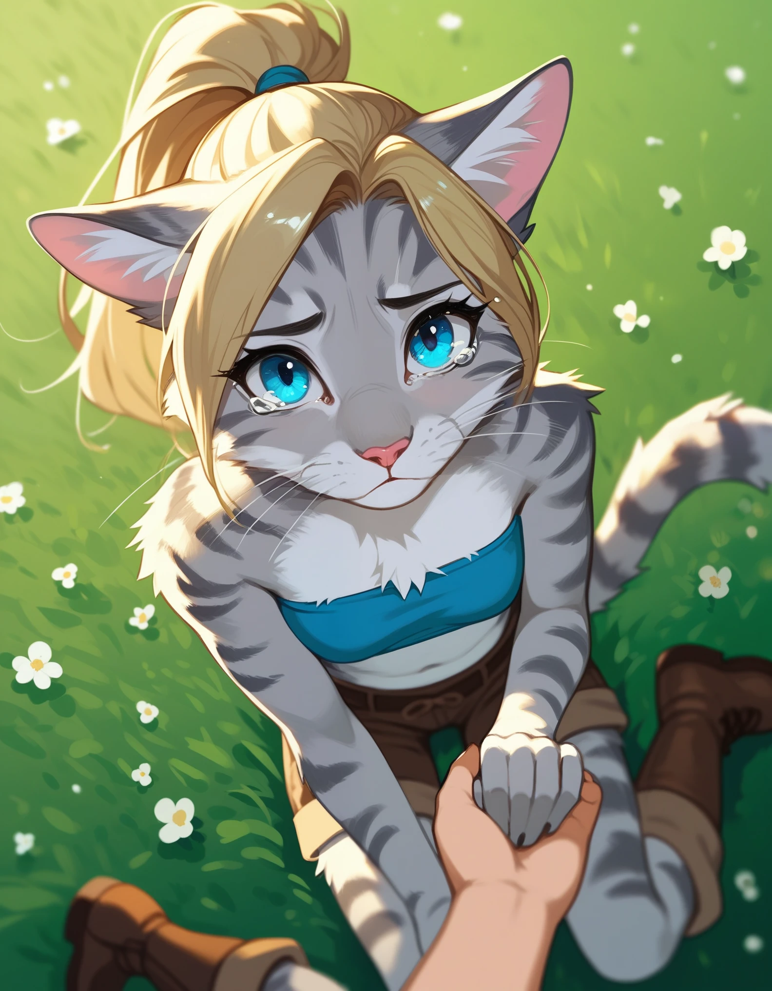 Solo, score_9,score_8_up,score_7_up, source_furry, kat, Anthro furry feline, blue eyes, blonde hair, (ponytail hair), pink nose, :3, white whiskers, silver fur with grey stripes, furry body, wearing blue bandeau, brown short shorts, brown boots, on her knees, w sitting, sniffling, sad expression, tearing up,  on a grassy field, outdoors at night, pov, human viewer, from above, Birds Eye view, pov viewer is holding her hand, hand holding