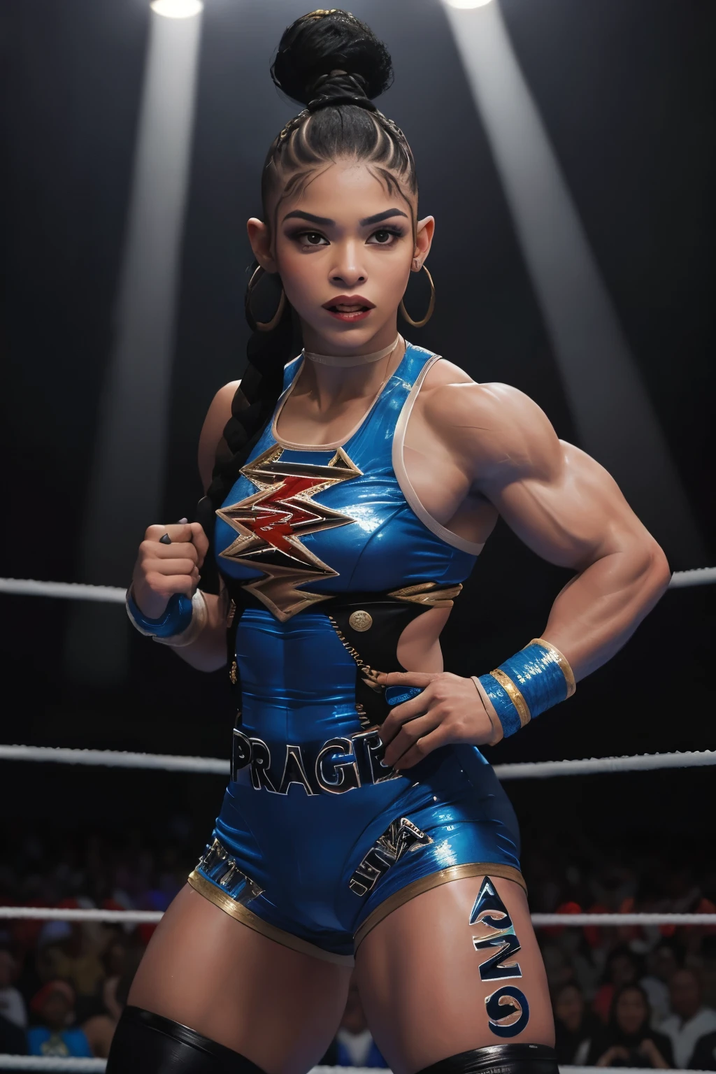 
Create a captivating and dynamic portrait of Bianca Belair, the WWE Superstar celebrated for her strength, athleticism, and charisma. The image should showcase Bianca in a powerful and confident pose that embodies her persona as "The EST of WWE" (The Strongest, The Fastest, The Toughest).

Bianca Belair is depicted standing tall with a commanding presence, exuding strength and determination. Her toned and muscular physique is emphasized, highlighting her athletic prowess and dedication to fitness. Her long single braided hair, a signature element of her look, cascades down dramatically, adding a sense of movement and flair to the composition.

Capture the intensity and focus in Bianca's gaze, conveying her competitive spirit and unwavering confidence. Her facial expression should reflect a blend of fierceness and poise, showcasing her ability to dominate in the ring while maintaining a sense of grace and style.

In the background, incorporate subtle elements that hint at Bianca's wrestling career, such as wrestling ring ropes or championship belts, to provide context and enhance the theme of the portrait. The lighting should be dramatic, emphasizing the contours of Bianca's muscles and creating a dynamic visual impact that commands attention.

Focus on highlighting the essence of Bianca Belair as a standout figure in the world of professional wrestling, capturing her strength, athleticism, and magnetic presence in a visually striking and engaging way. Let the image reflect the essence of Bianca's character and the excitement she brings to the sport, resonating with fans and viewers alike.