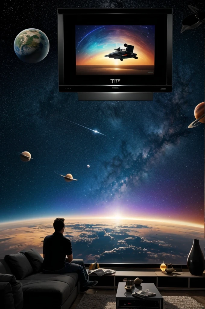 Create an image where there is a giant Smart TV in space floating in 2 person. Around planets and stars. ( Best Quality) ( ultrarealistic ( full HD